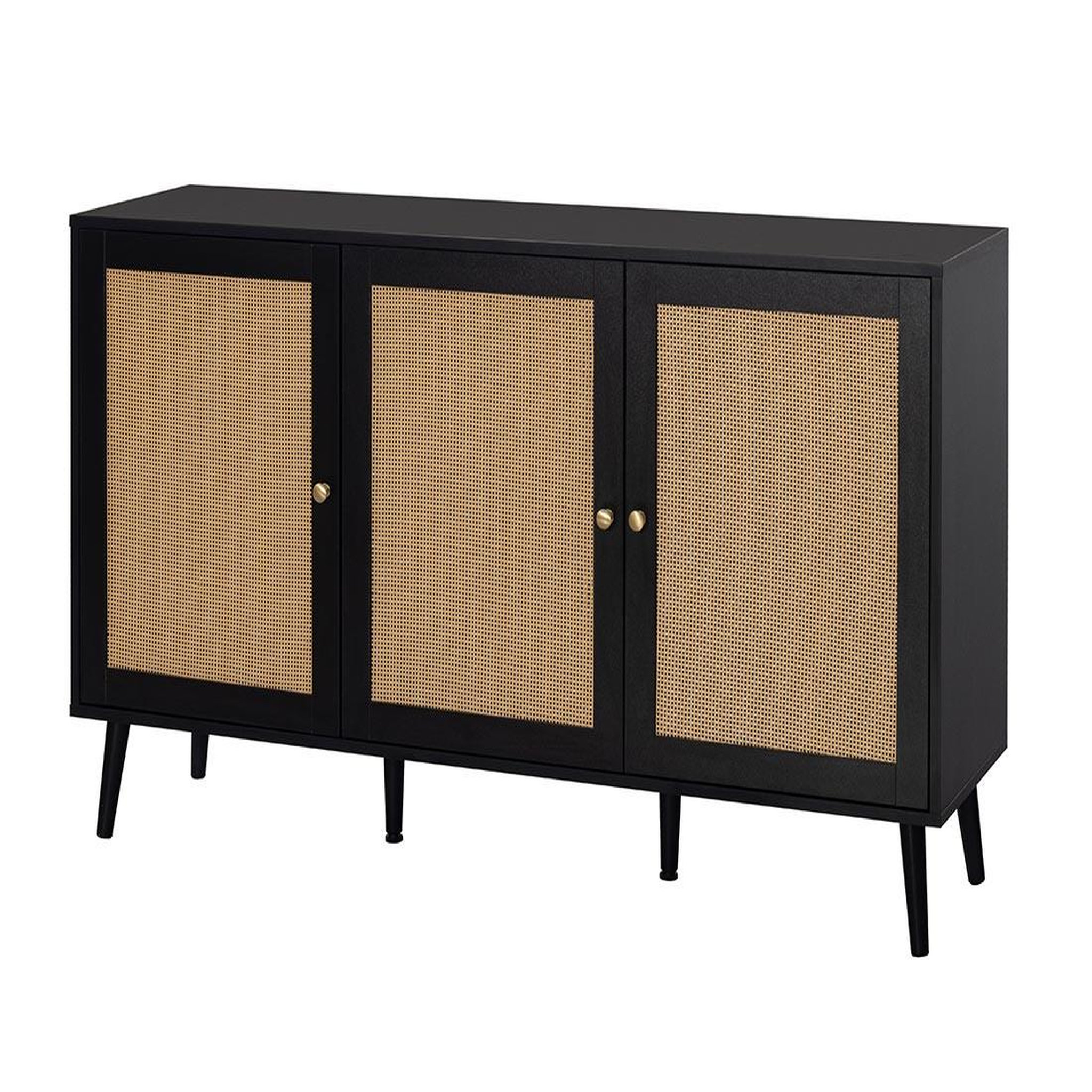 Voir la diapositive 3 : BEST MOBILIER Goto - buffet bas - noir et cannage - 3 portes - 140 cm