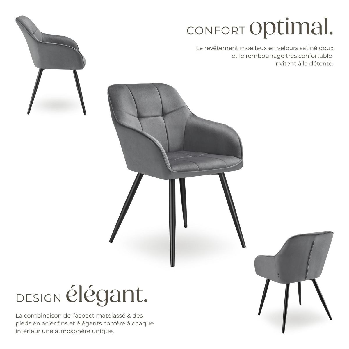 tectake Chaise de salle à manger rembourrée et en velours matelassé gris/noir Lot de 4