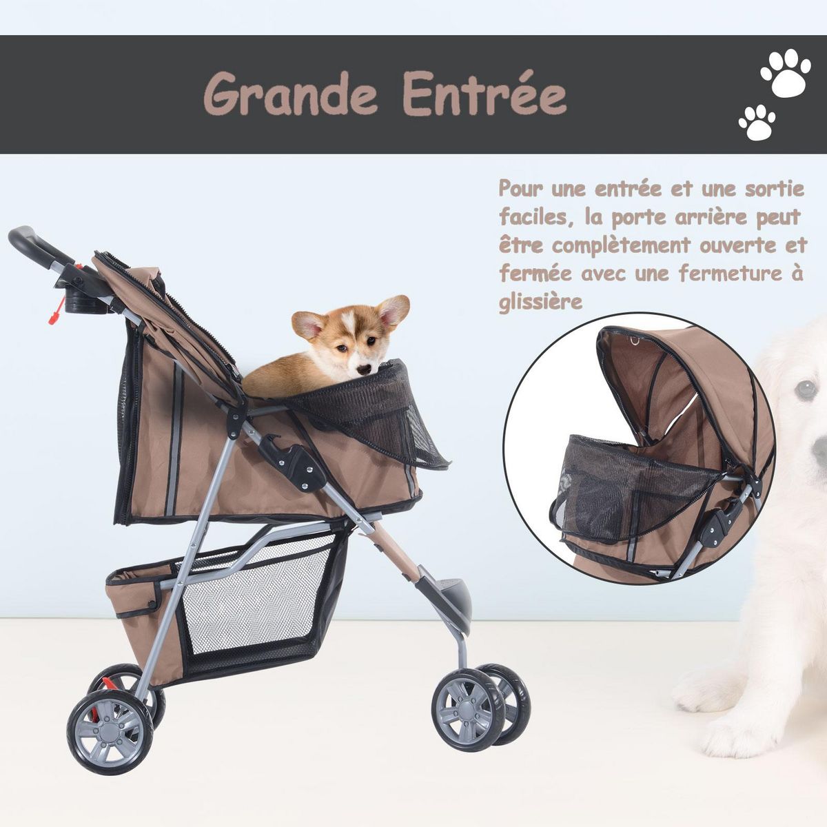 PAWHUT Poussette buggy pour chien chat animaux roue avant pivotante 360 degrés marron