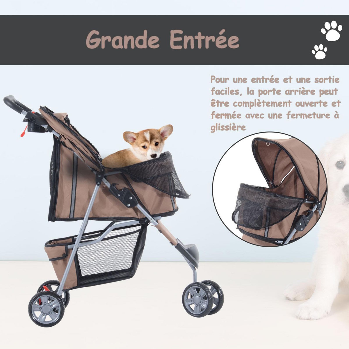 PAWHUT Poussette buggy pour chien chat animaux roue avant pivotante 360 degrés marron