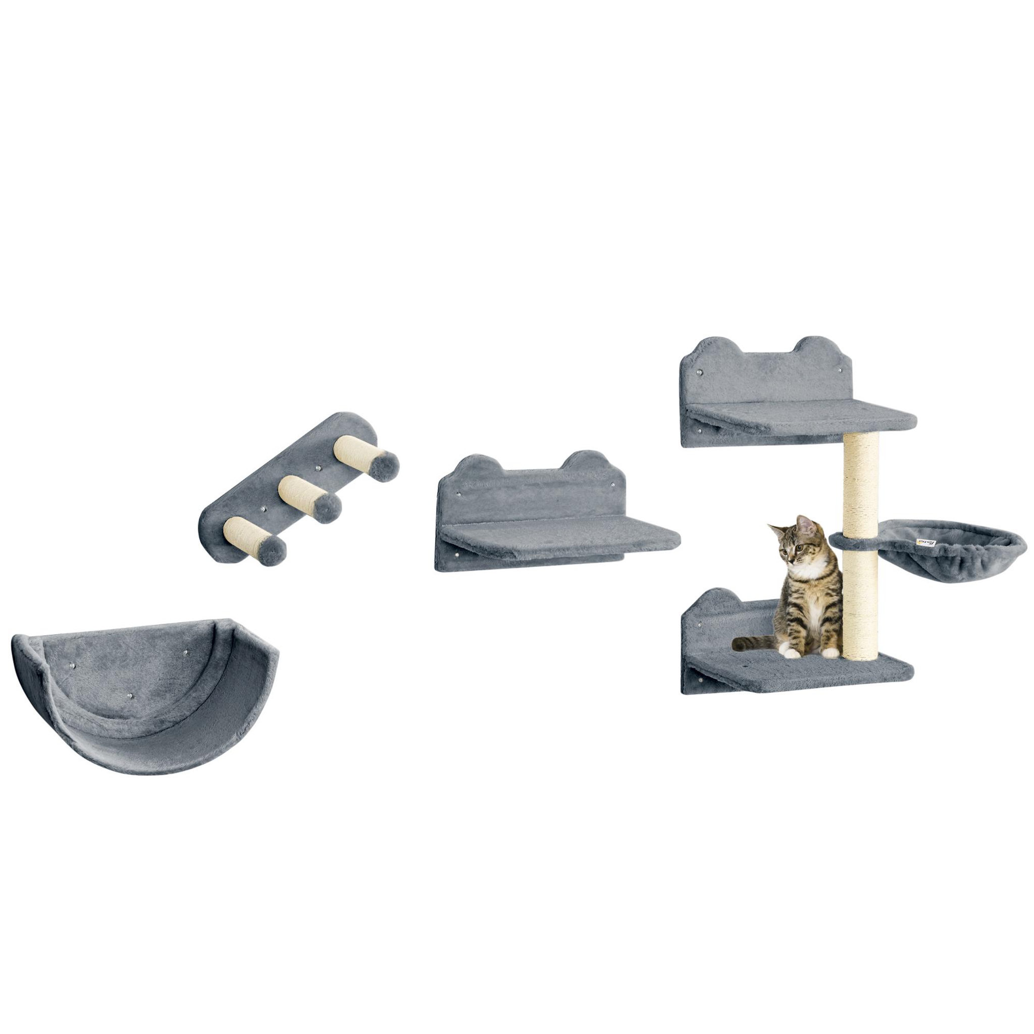 PAWHUT Mur d'escalade pour chat - arbre à chat design mural - griffoirs, plateformes, 2 paniers, échelle - sisal peluche gris