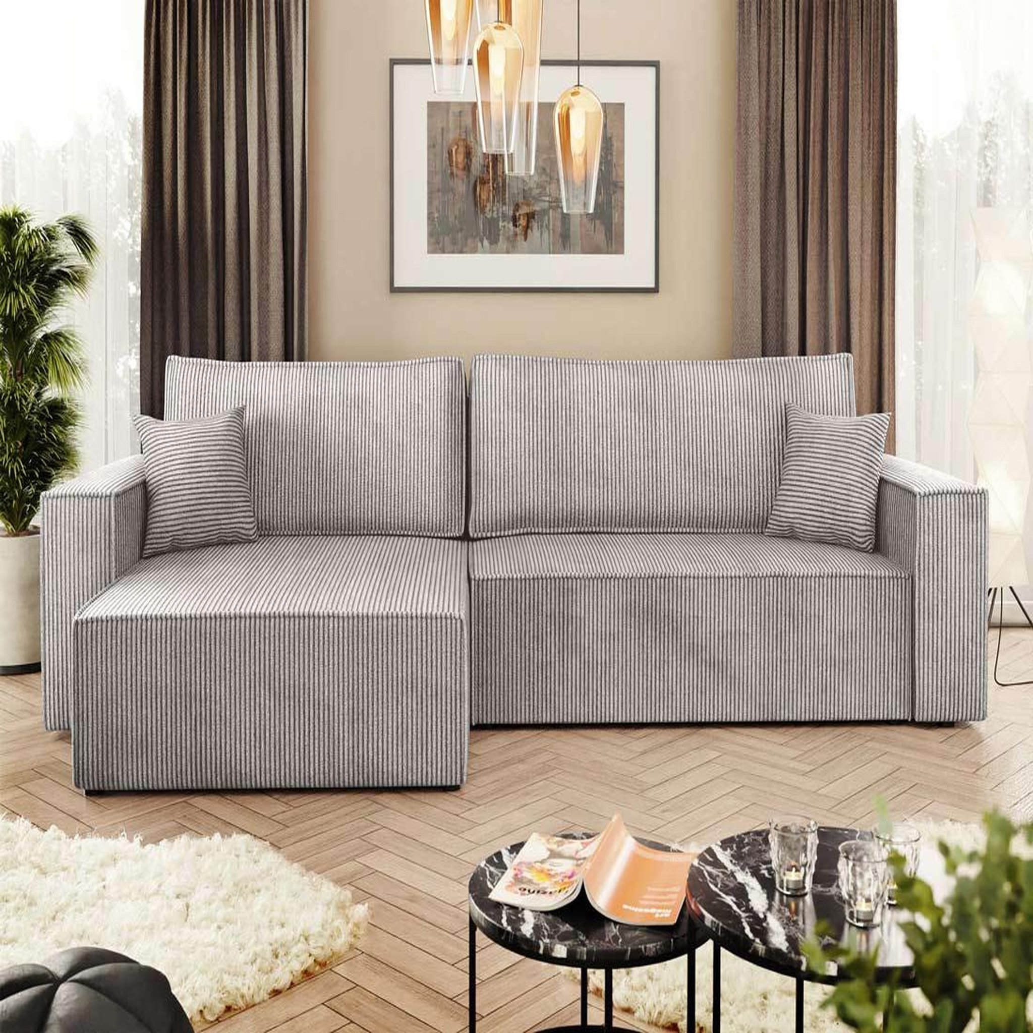 Voir la diapositive 3 : BEST MOBILIER Cezanne - canapé d'angle réversible 5 places convertible avec coffre en velours côtelé