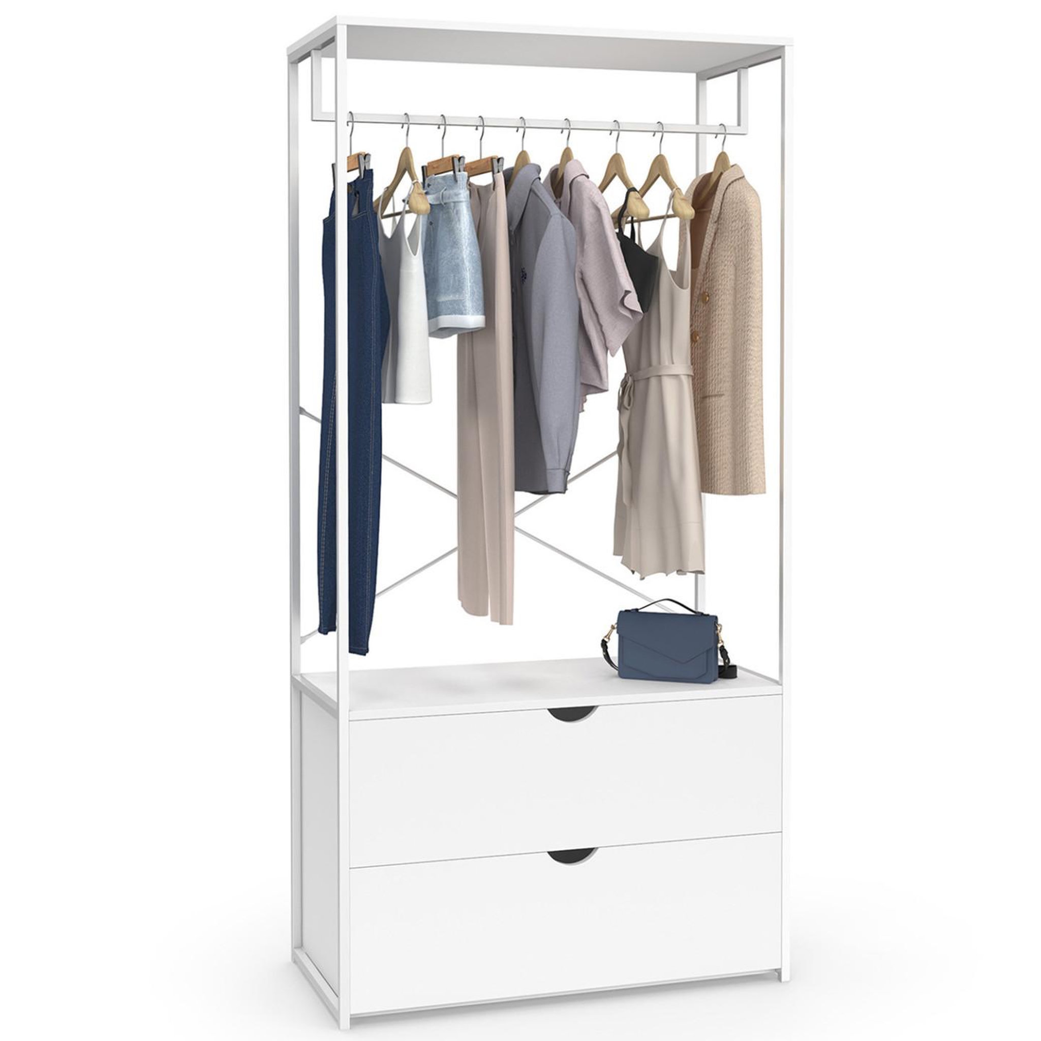 ID MARKET Dressing penderie 2 tiroirs l. 80 cm brooklyn bois blanc et métal blanc