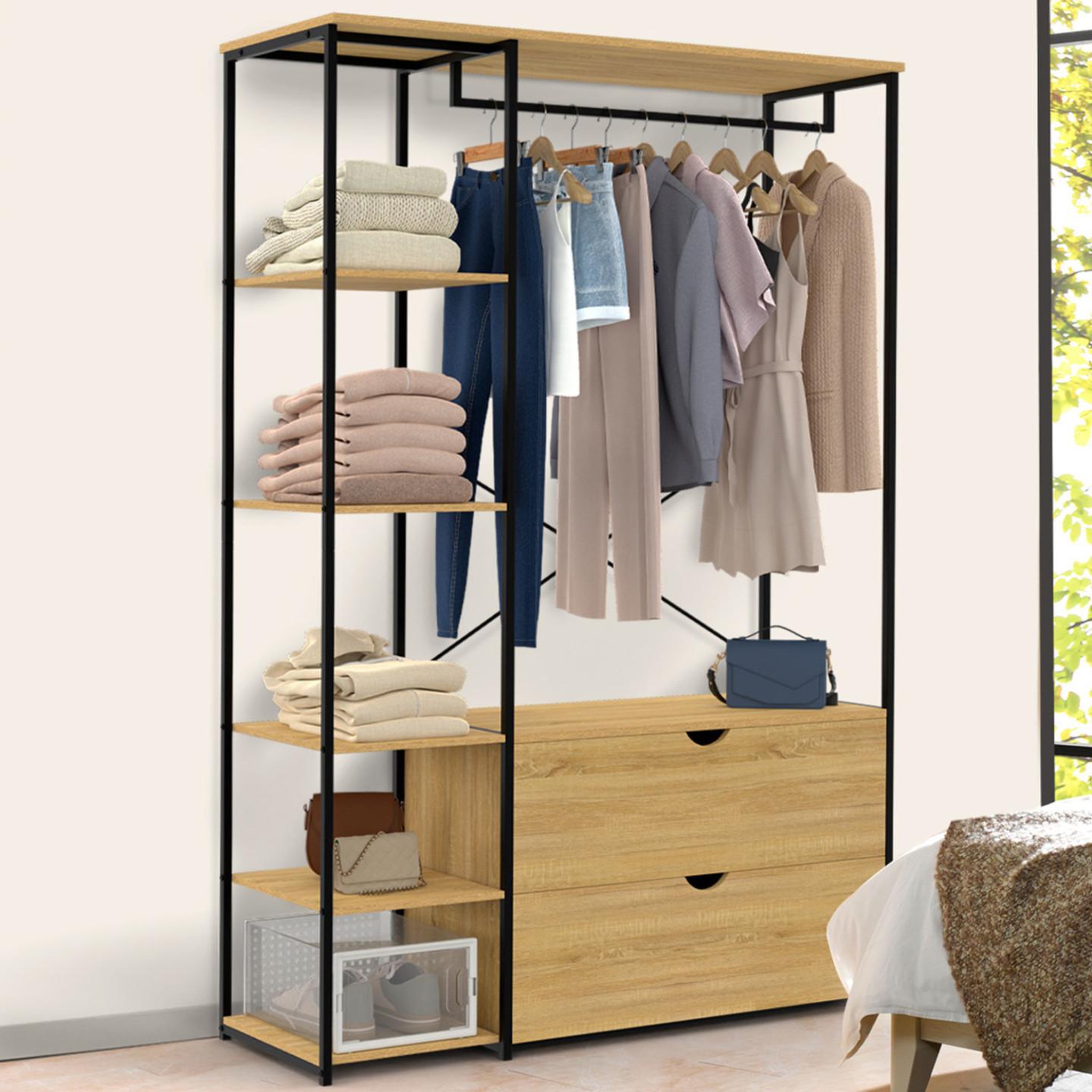 Voir la diapositive 2 : ID MARKET Dressing penderie étagères l. 113 cm detroit 2 tiroirs design industriel