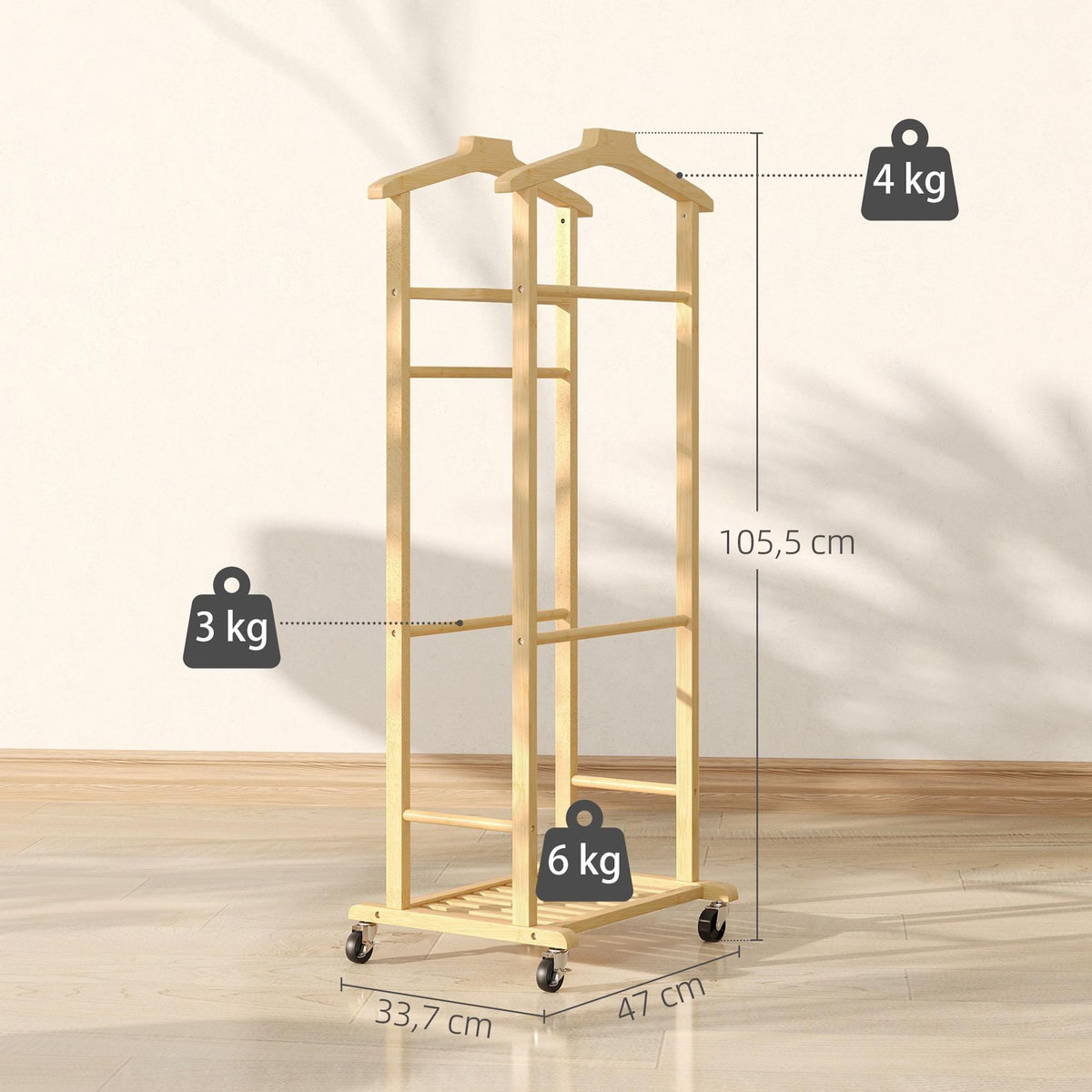 HOMCOM Valet de chambre mobile bois bambou verni - 2 cintres, 4 barres, 2 étagères - dim. 47 x 33 x 105 cm