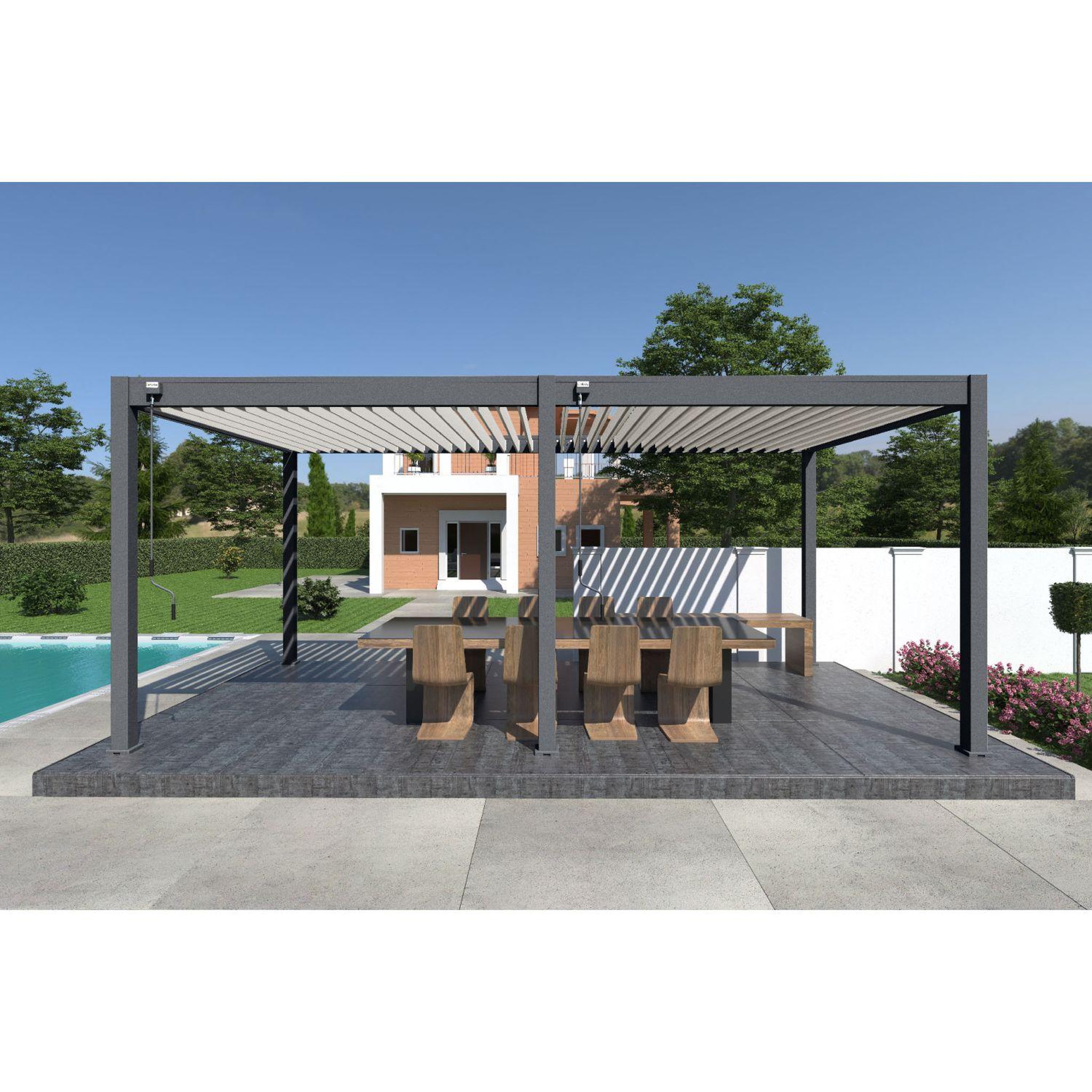 Voir la diapositive 5 : Pergola Bioclimatique autoportée 3x6 m - Aluminium Anthracite/blanc -  VS OmBREA®