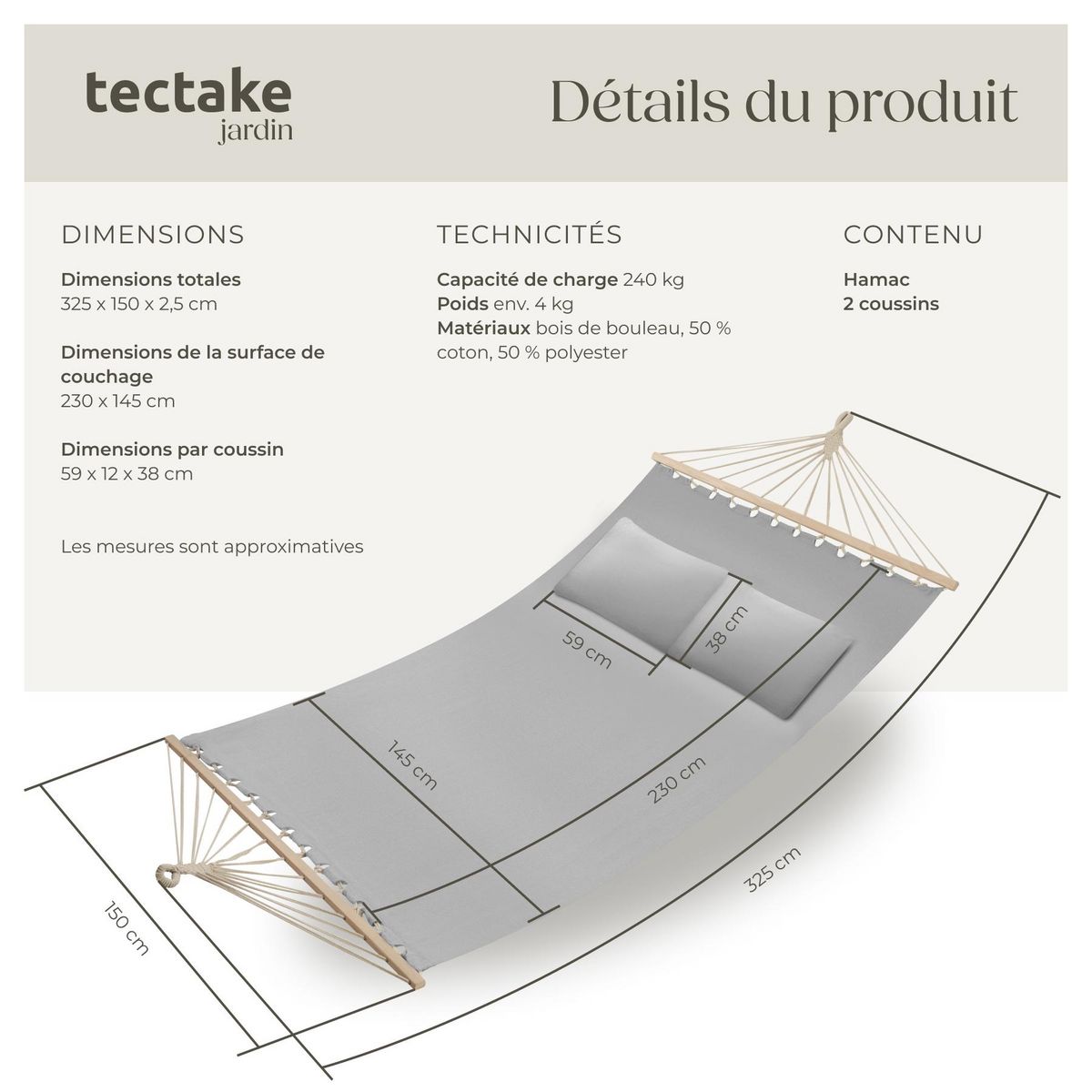 tectake Hamac avec barres d'expansion pour 2 personnes gris clair