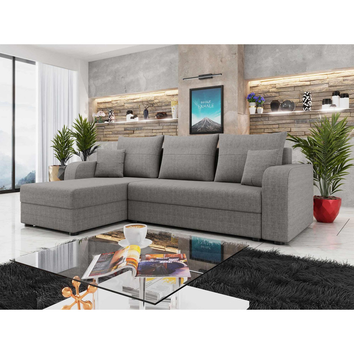 BEST MOBILIER Harvey - canapé d'angle réversible 4 places convertible avec coffre en tissu