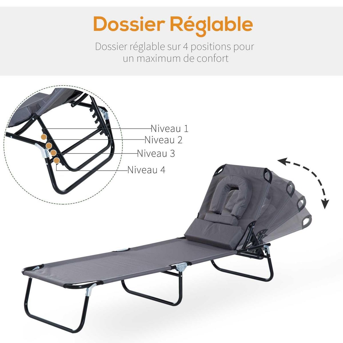 OUTSUNNY Bain de soleil pliable transat inclinable 4 positions chaise longue de lecture 3 coussins fournis gris