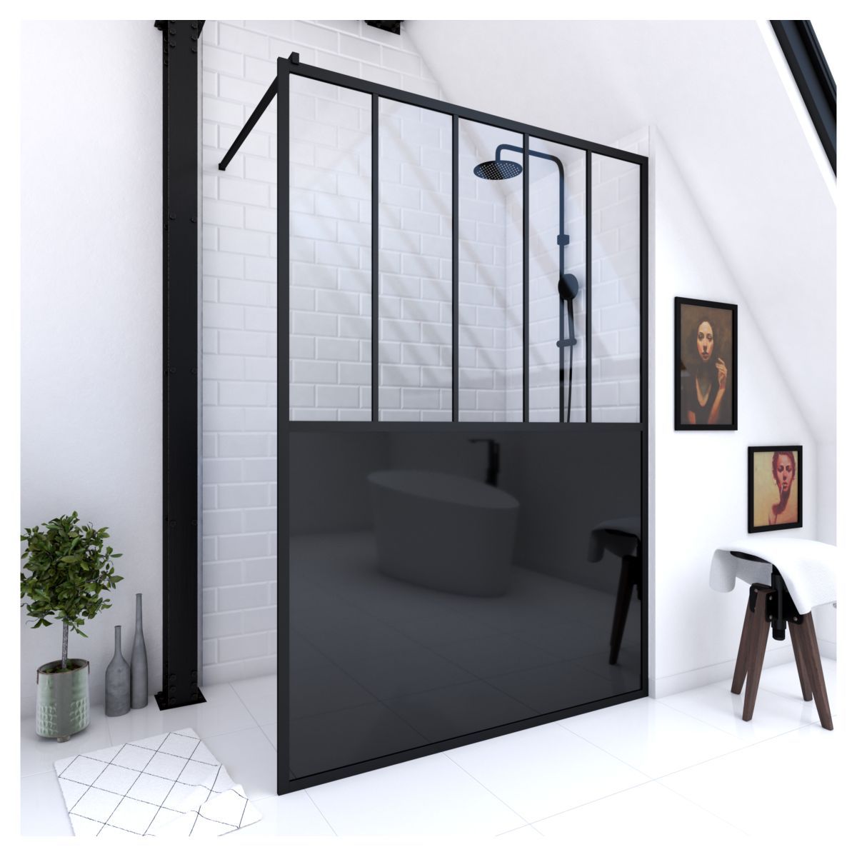 Aurlane Paroi de douche à l'italienne style verrière 140x200 cm - BLACK INDUS 140