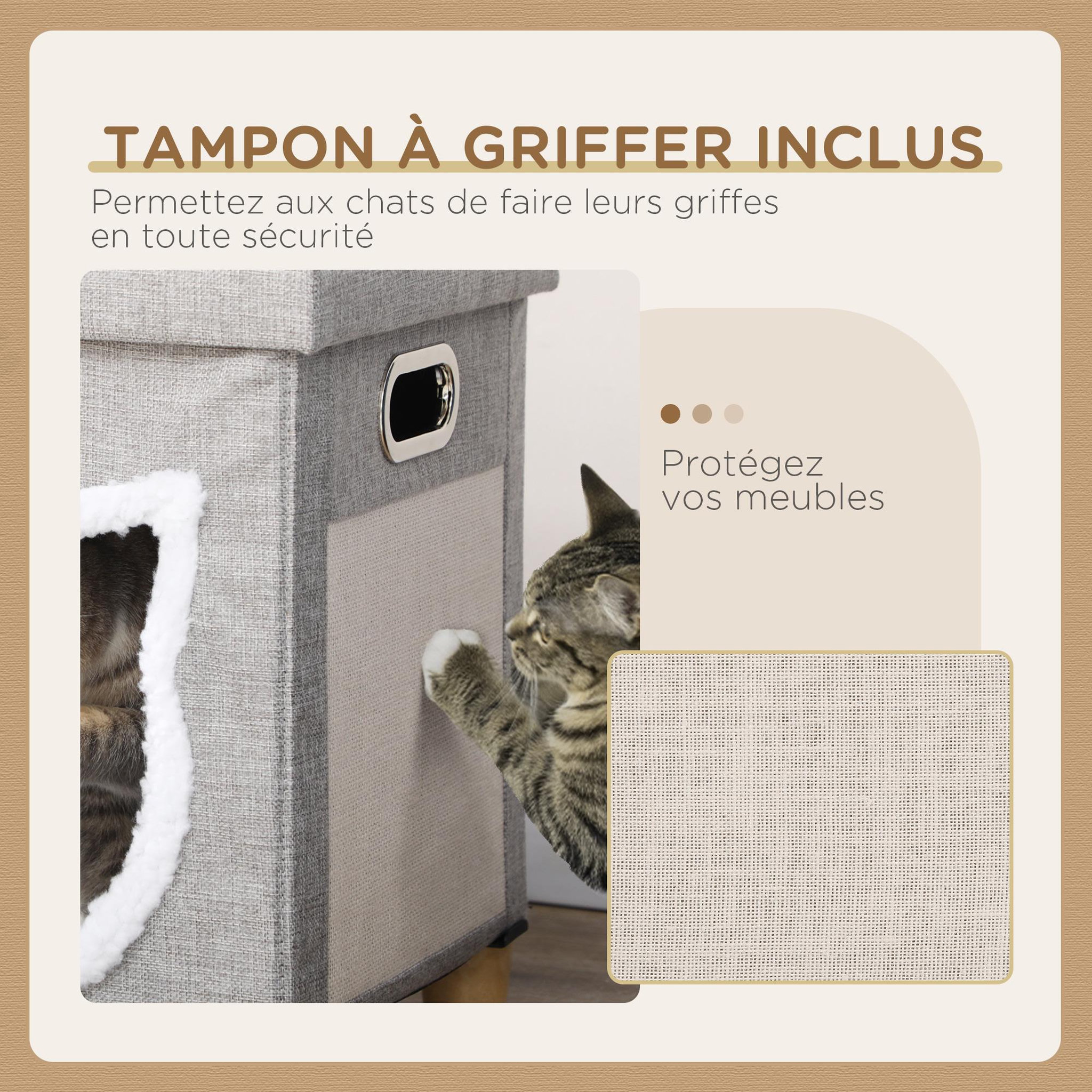 Voir la diapositive 5 : PAWHUT Niche chat grattoir pouf 3 en 1 design porte tête de chat - coussin bouclette amovible inclus - tissu gris