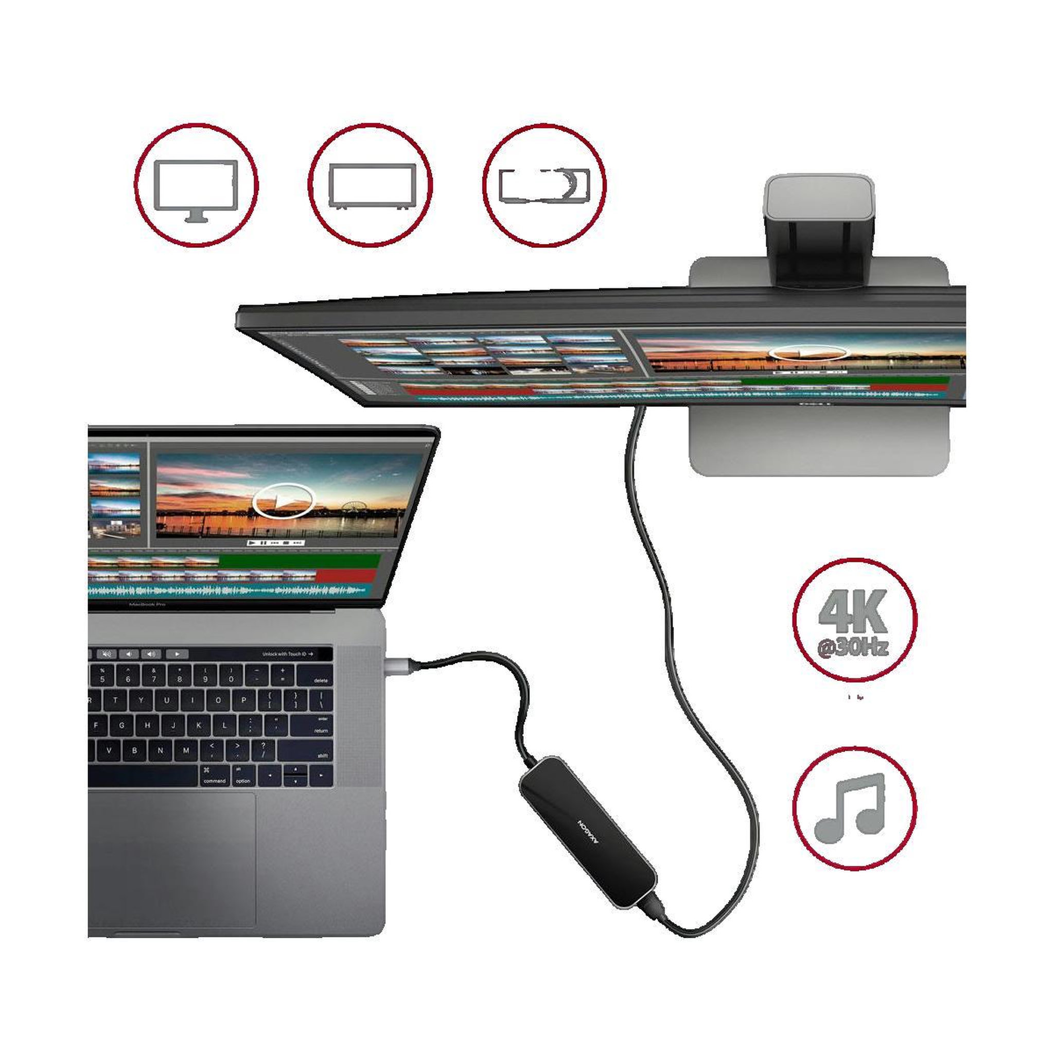 Voir la diapositive 3 : AXIOM Hub USB-C Axagon HMC-6H4A avec 4 ports USB-A et sortie HDMI