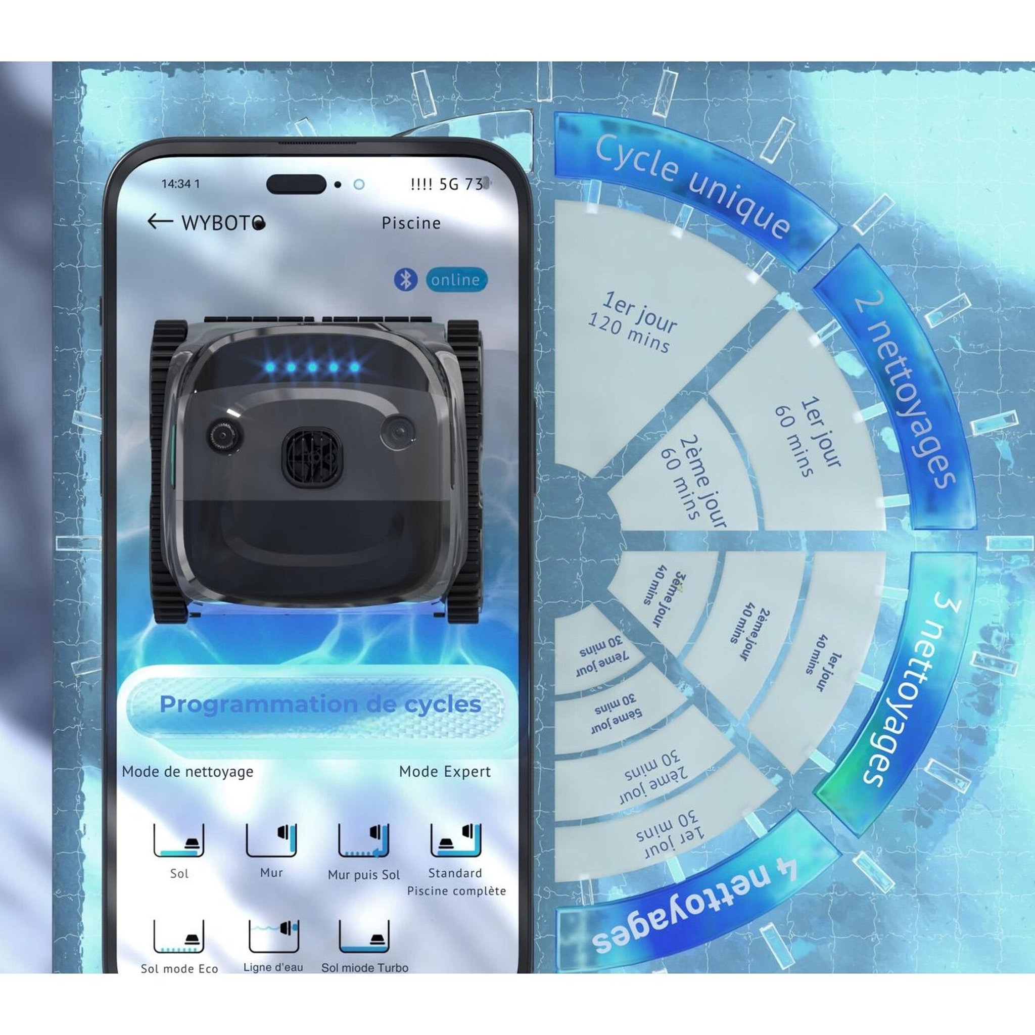 Voir la diapositive 5 : WYBOT Robot piscine électrique sans fil 2h max d'autonomie - WYBOT C2 PRO VISION
