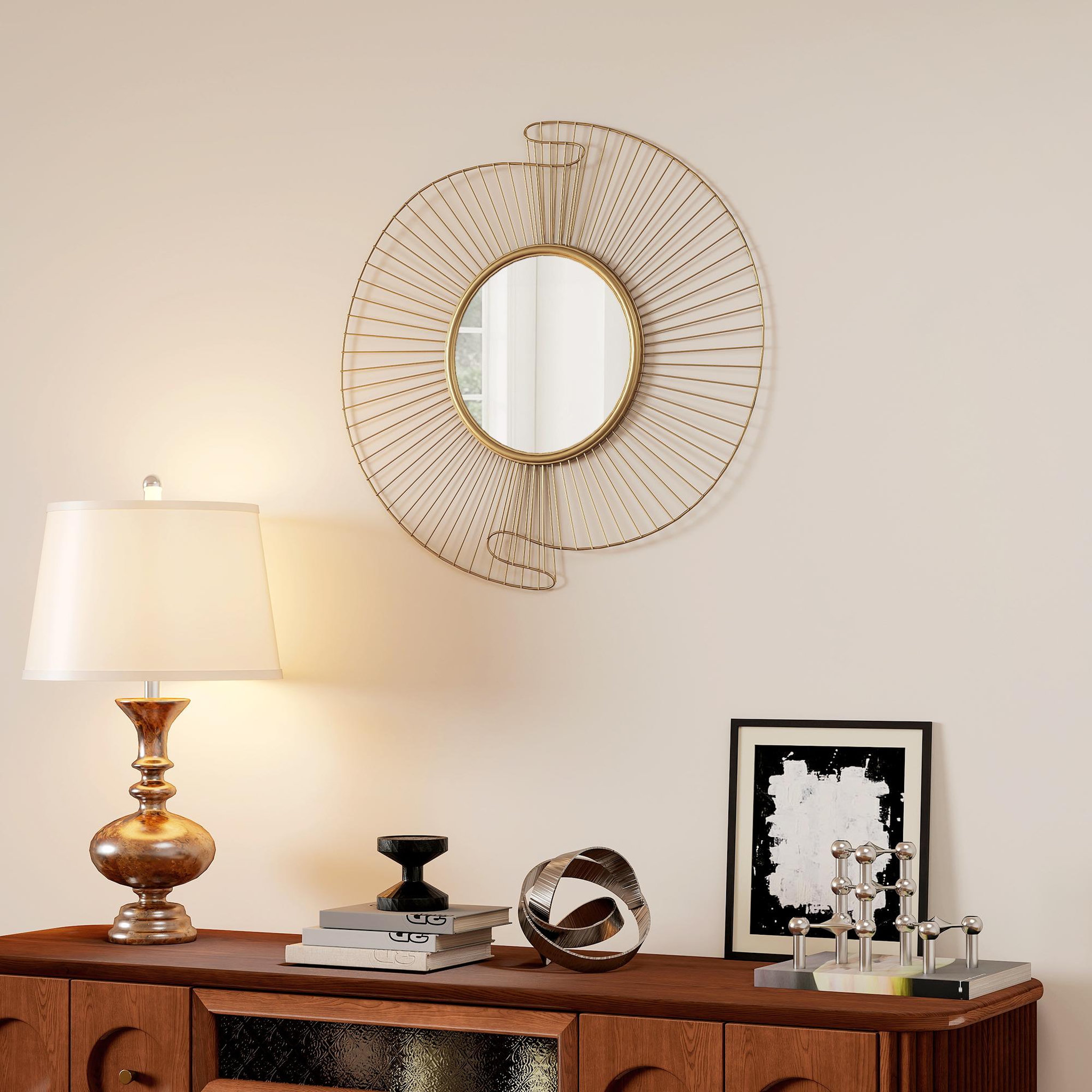 Voir la diapositive 4 : HOMCOM Miroir mural décoratif dia. 60 cm inspiration Art Déco métal doré