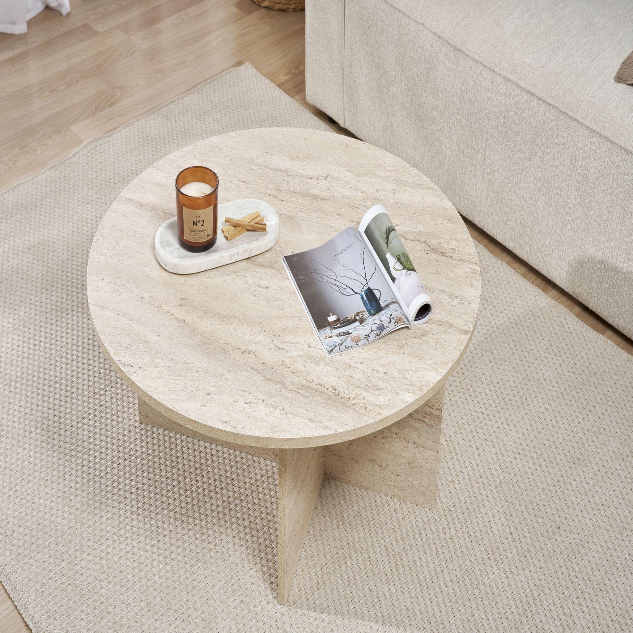 Voir la diapositive 4 : Habitat et Jardin Table basse en bois  soleil  - 90 x 90 x 40 cm - travertin