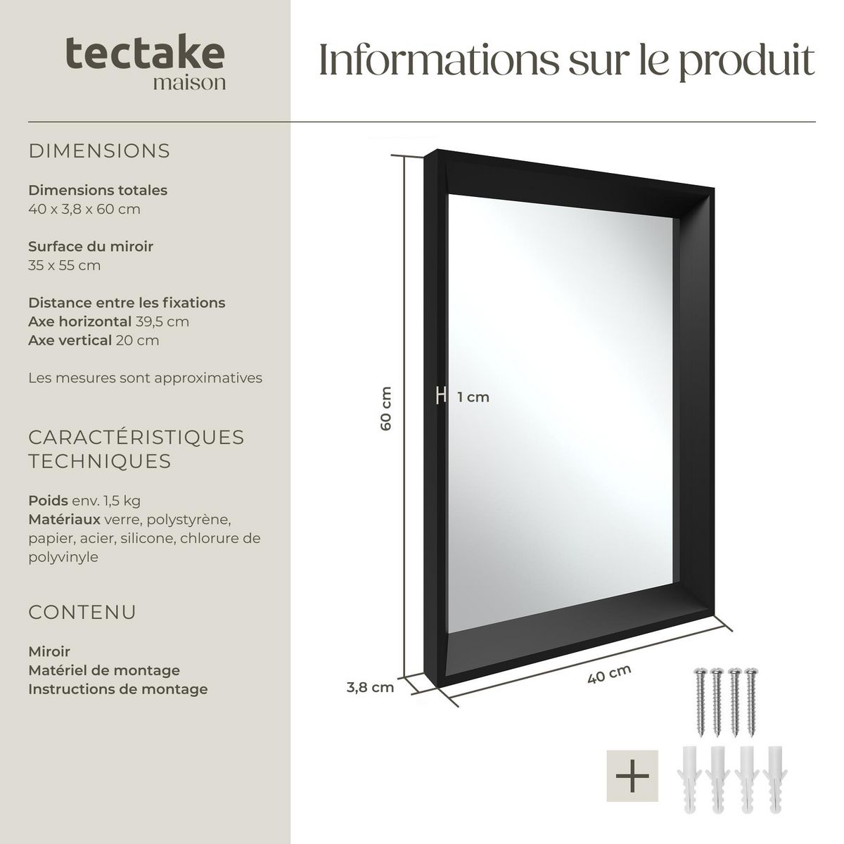 tectake Miroir mural rectangulaire 40 x 3,8 x 60 cm noir