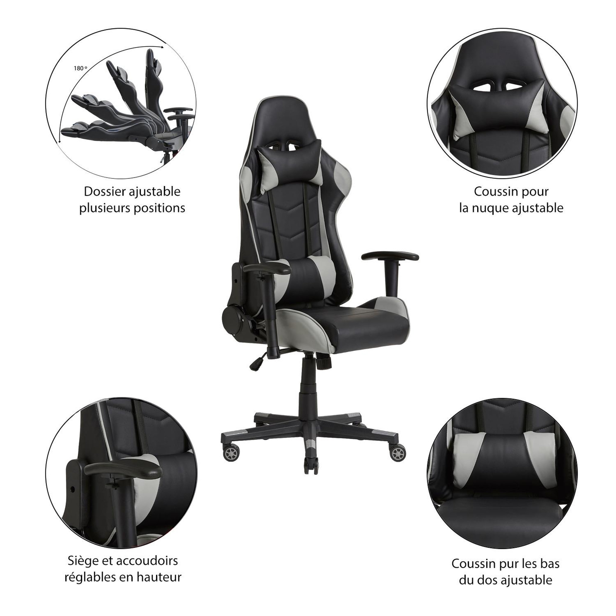 Voir la diapositive 3 : VS VENTA-STOCK Fauteuil de bureau Gaming Racer professionnel Gris, inclinaison et hauteur réglable