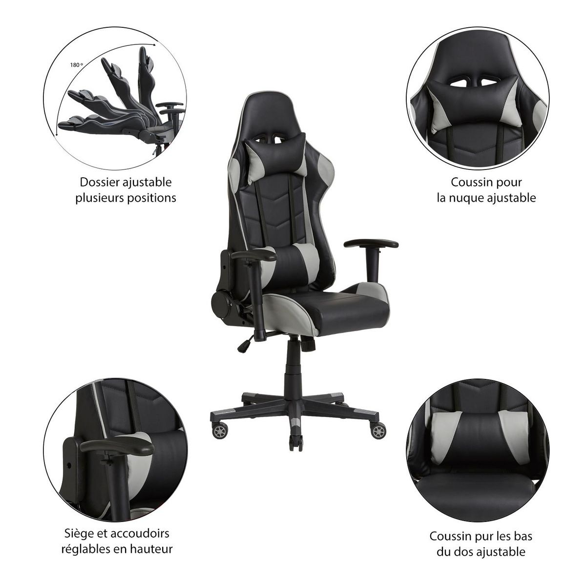 VS VENTA-STOCK Fauteuil de bureau Gaming Racer professionnel Gris, inclinaison et hauteur réglable