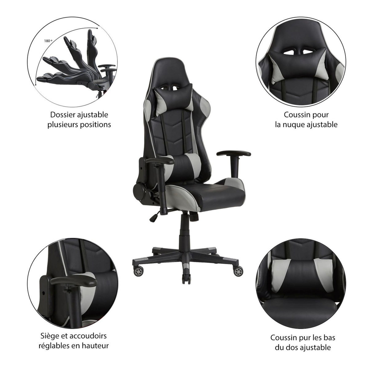 VS VENTA-STOCK Fauteuil de bureau Gaming Racer professionnel Gris, inclinaison et hauteur réglable