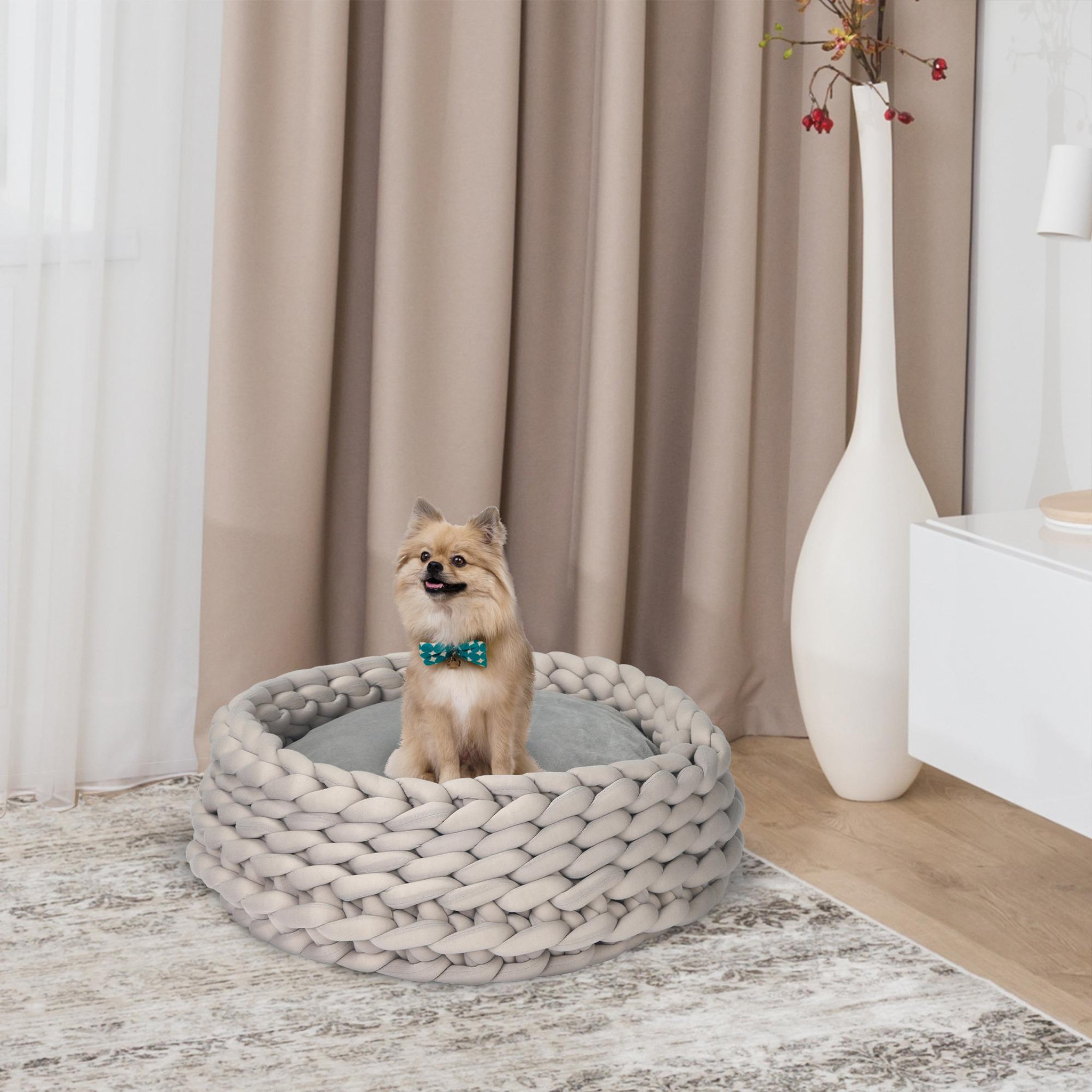 Voir la diapositive 2 : PAWHUT Panier pour chien chat Ø50 x 19H cm effet tressé tricot - coussin amovible et lavable en machine - polyester gris