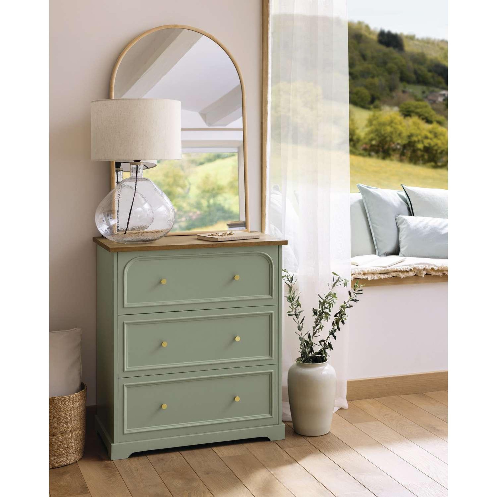 Voir la diapositive 2 : ATMOSPHERA Commode 3 tiroirs en bois mohea - vert céladon