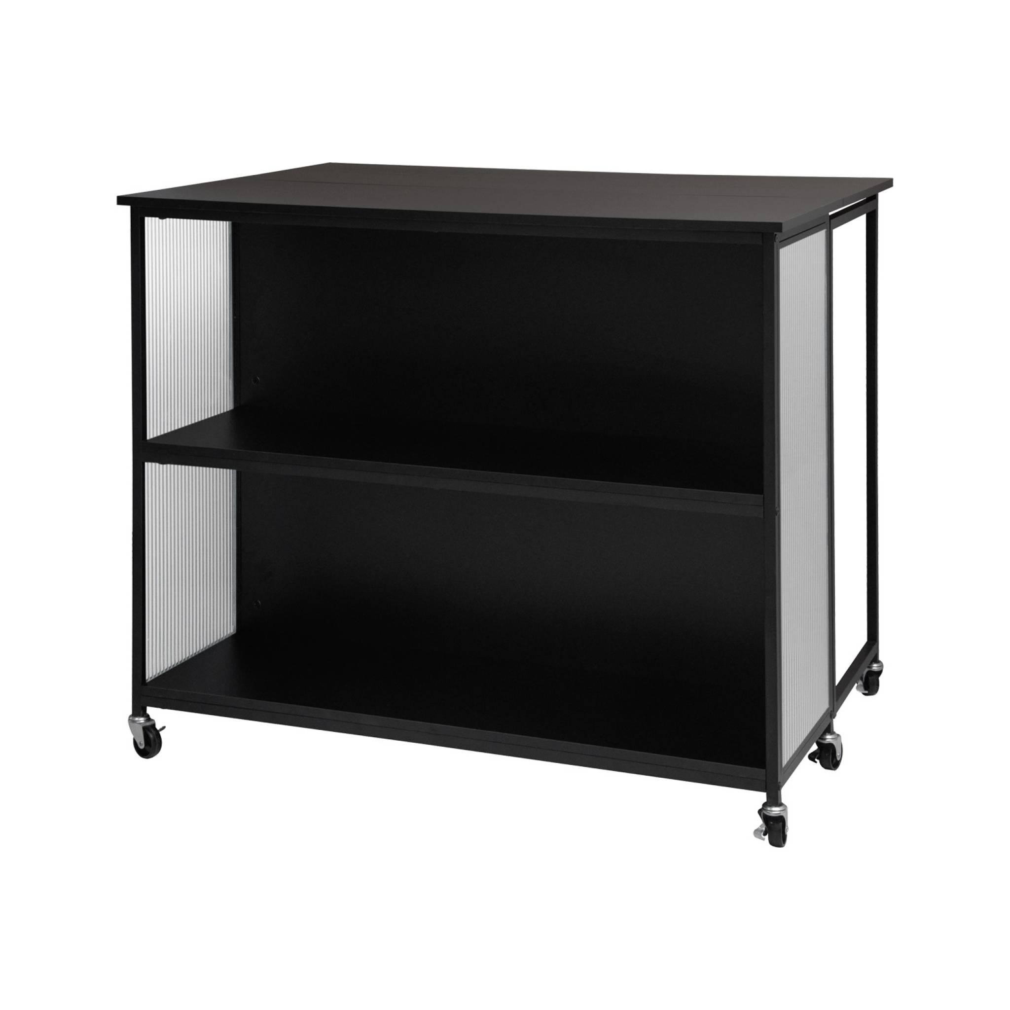 Voir la diapositive 1 : SWEEEK Desserte de cuisine noire extensible ALEXIS. rangements. table de bar. îlot de cuisine. 110 x 40/80 x 90 cm. avec étagères. roulettes