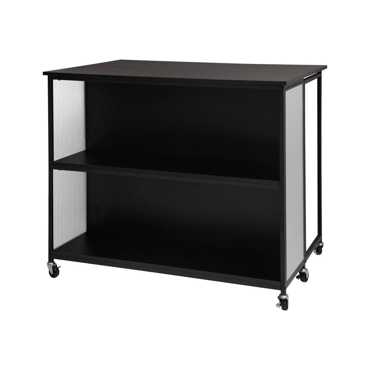 SWEEEK Desserte de cuisine noire extensible ALEXIS. rangements. table de bar. îlot de cuisine. 110 x 40/80 x 90 cm. avec étagères. roulettes