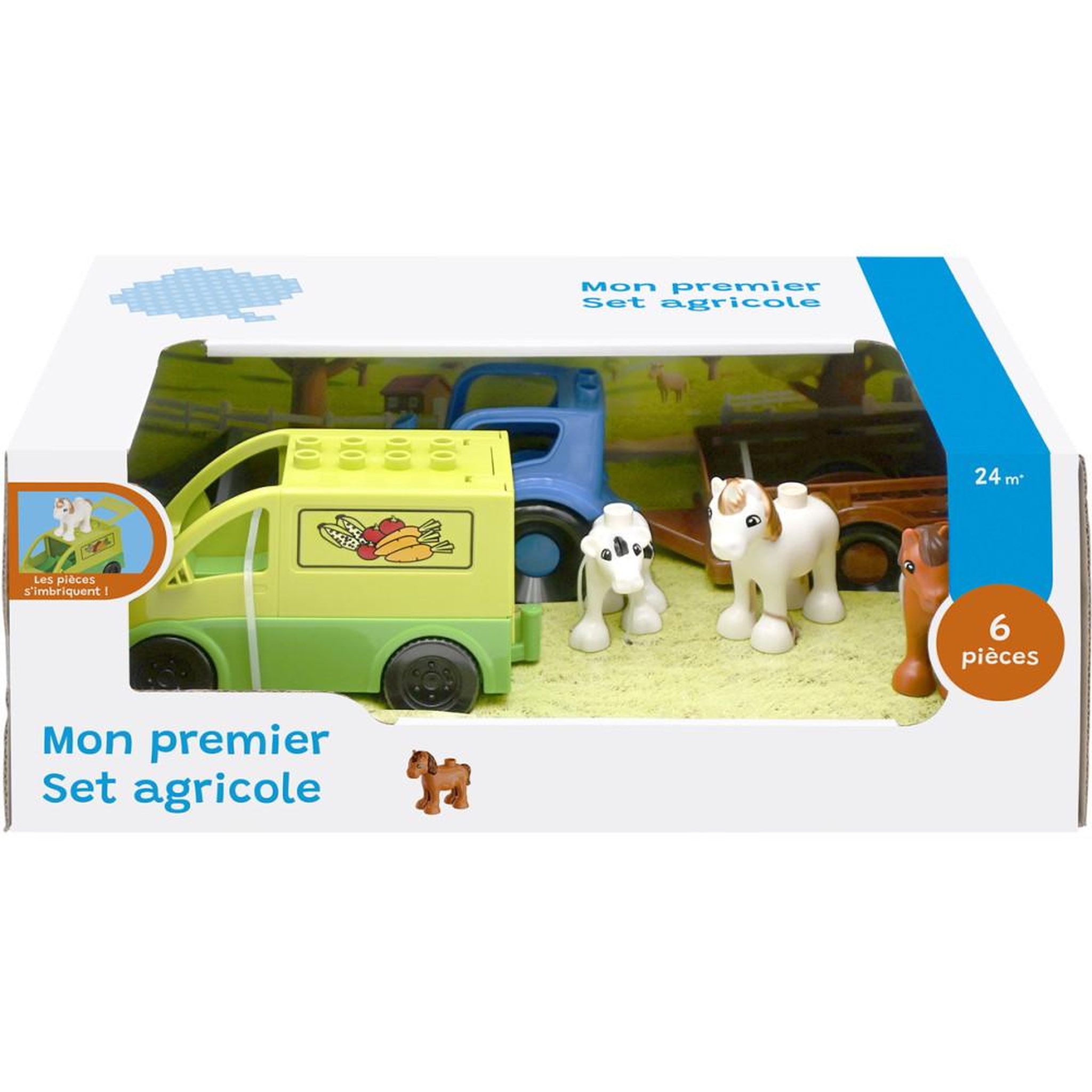 Jeu de construction ferme pour enfants, ensemble agricole 6 pièces, véhicule et figurines d'animaux, langue française