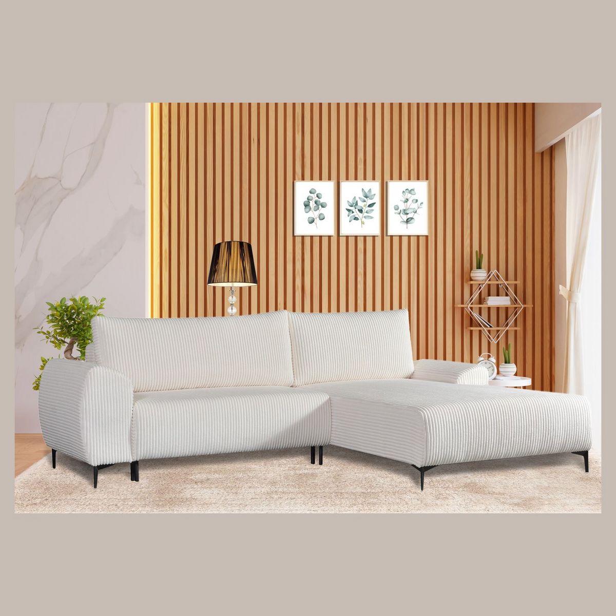 Canapé d'angle droit fixe convertible 5 places en velour côtelé CYRIL