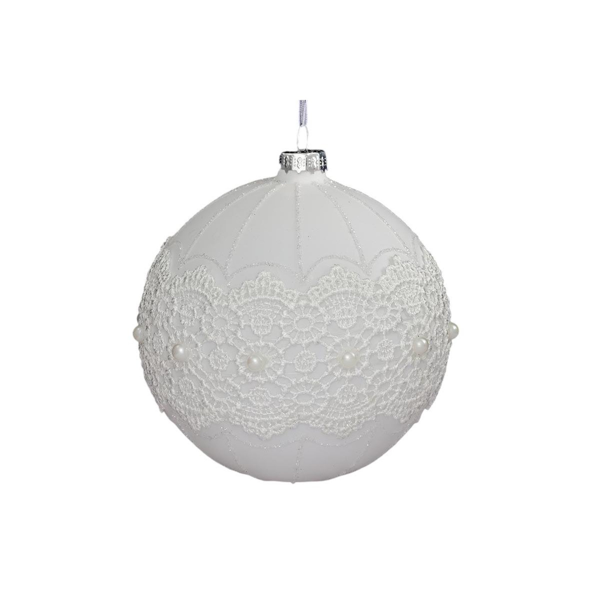 FEERIC LIGHT & CHRISTMAS Boule de Noël en Verre  Dentelle Perle  10cm Blanc