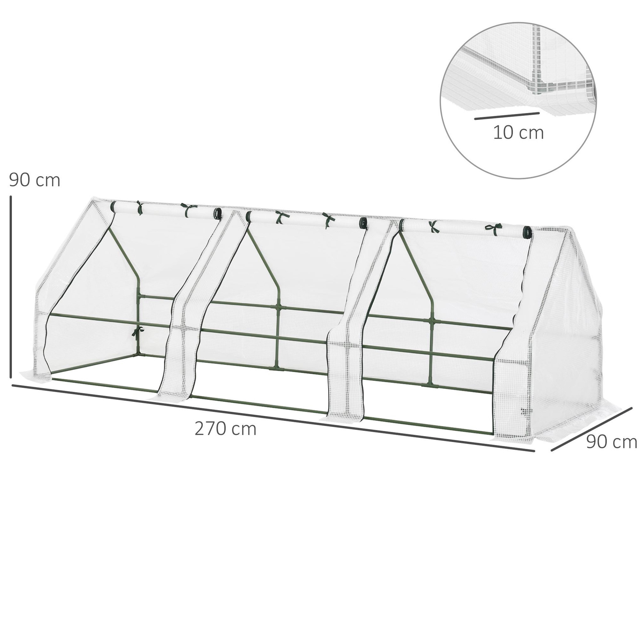 Voir la diapositive 3 : OUTSUNNY Mini serre de jardin serre à tomates 270l x 90l x 90h cm acier pe haute densité 140 g/m² anti-uv 3 fenêtres avec zip enroulables blanc