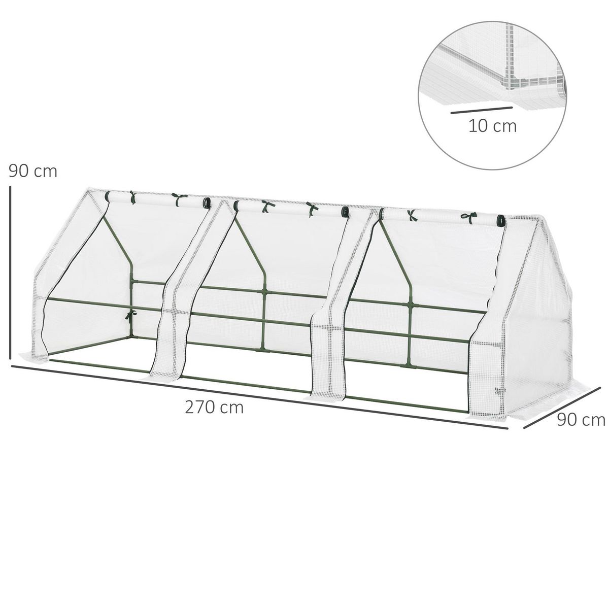 OUTSUNNY Mini serre de jardin serre à tomates 270L x 90l x 90H cm acier PE haute densité 140 g/m² anti-UV 3 fenêtres avec zip enroulables blanc