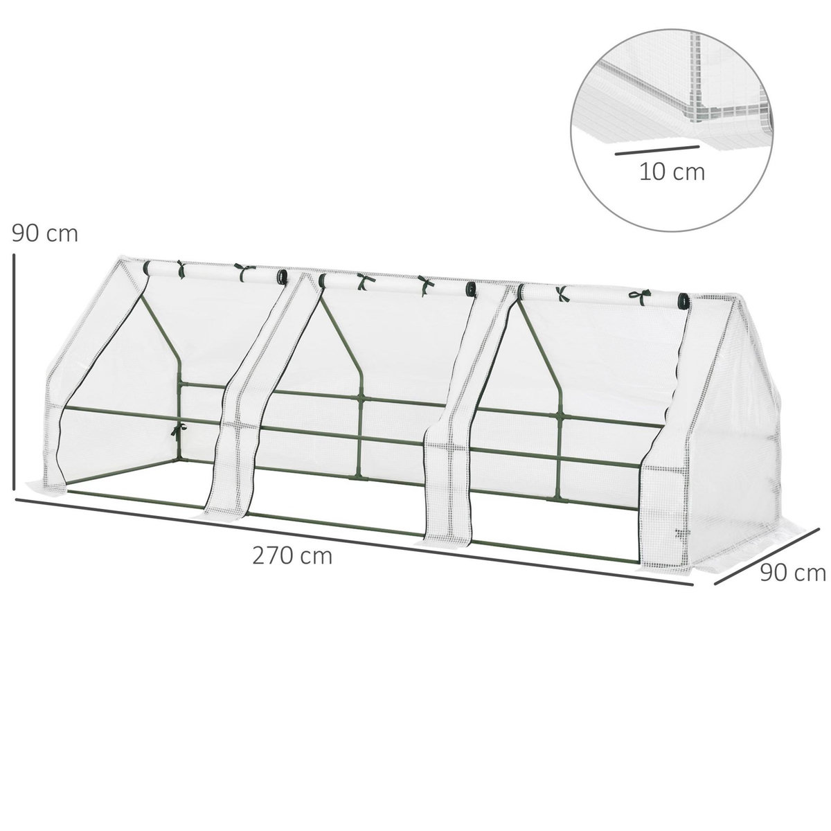OUTSUNNY Mini serre de jardin serre à tomates 270L x 90l x 90H cm acier PE haute densité 140 g/m² anti-UV 3 fenêtres avec zip enroulables blanc