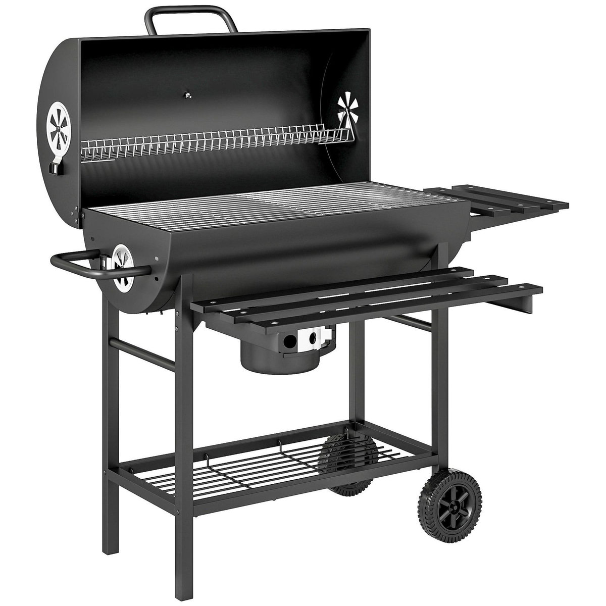 OUTSUNNY Barbecue charbon de bois avec couvercle 2 roues - 2 tablettes pliables, étagère, thermomètre - acier noir
