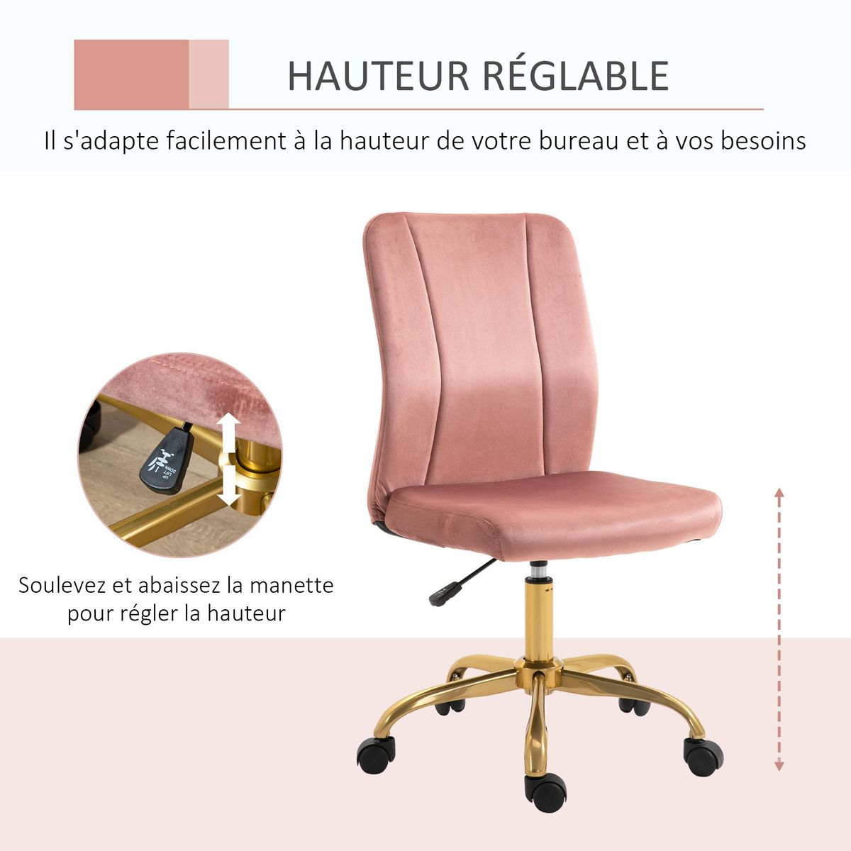 VINSETTO Vinsetto Chaise de bureau style Art déco hauteur réglable pivotante 360° piètement métal doré velours rose poudré