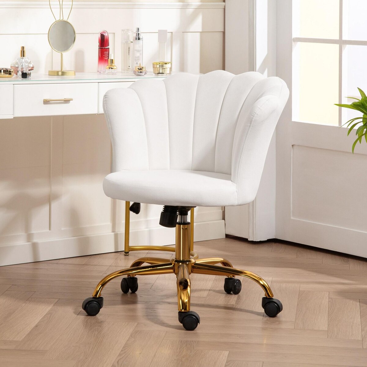 HOMCOM Chaise bureau velours design coquillage piètement acier doré blanc