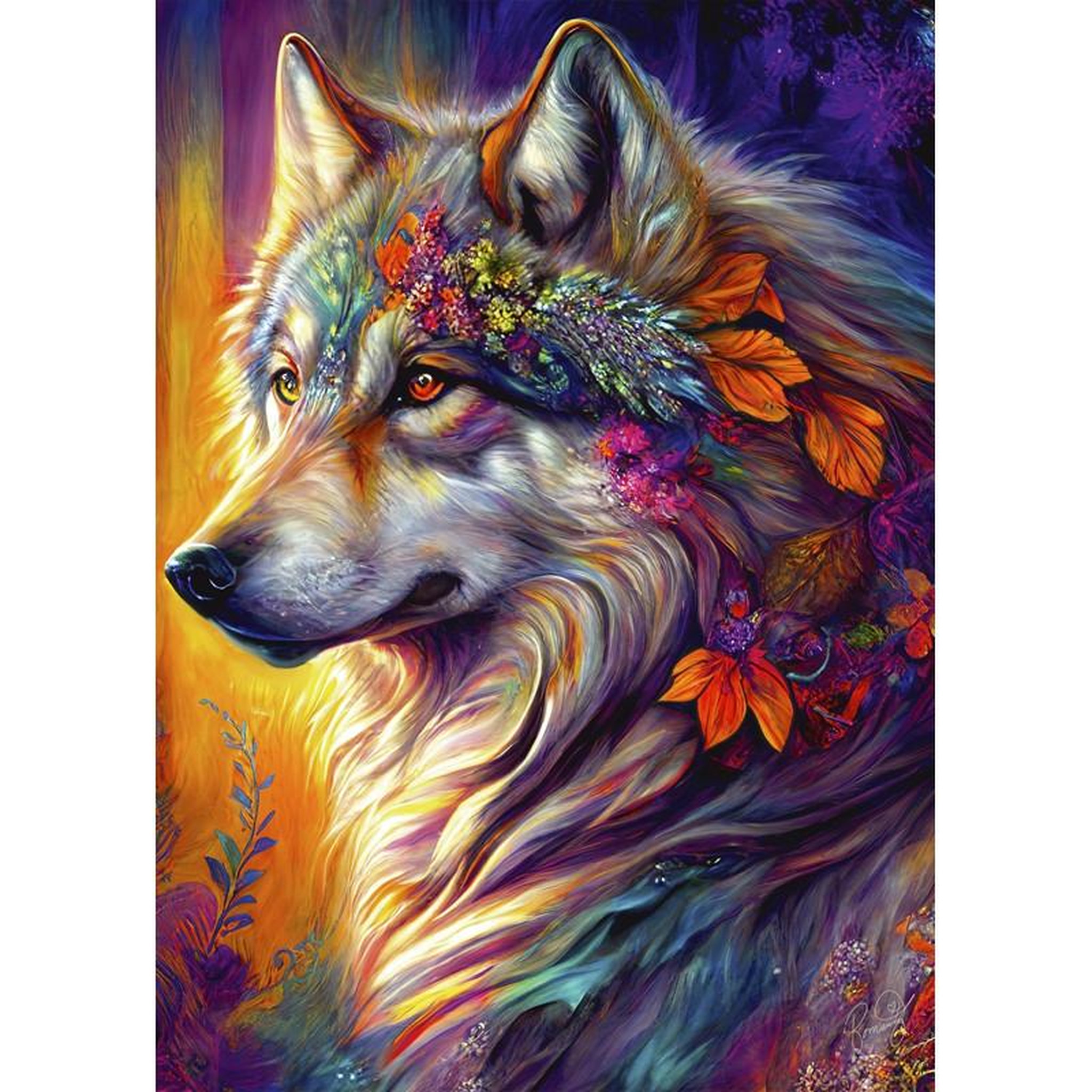 Voir la diapositive 2 : ALIZE Puzzle 1000 pièces Loup avec fleurs – Animal et nature – Adulte – Alizé