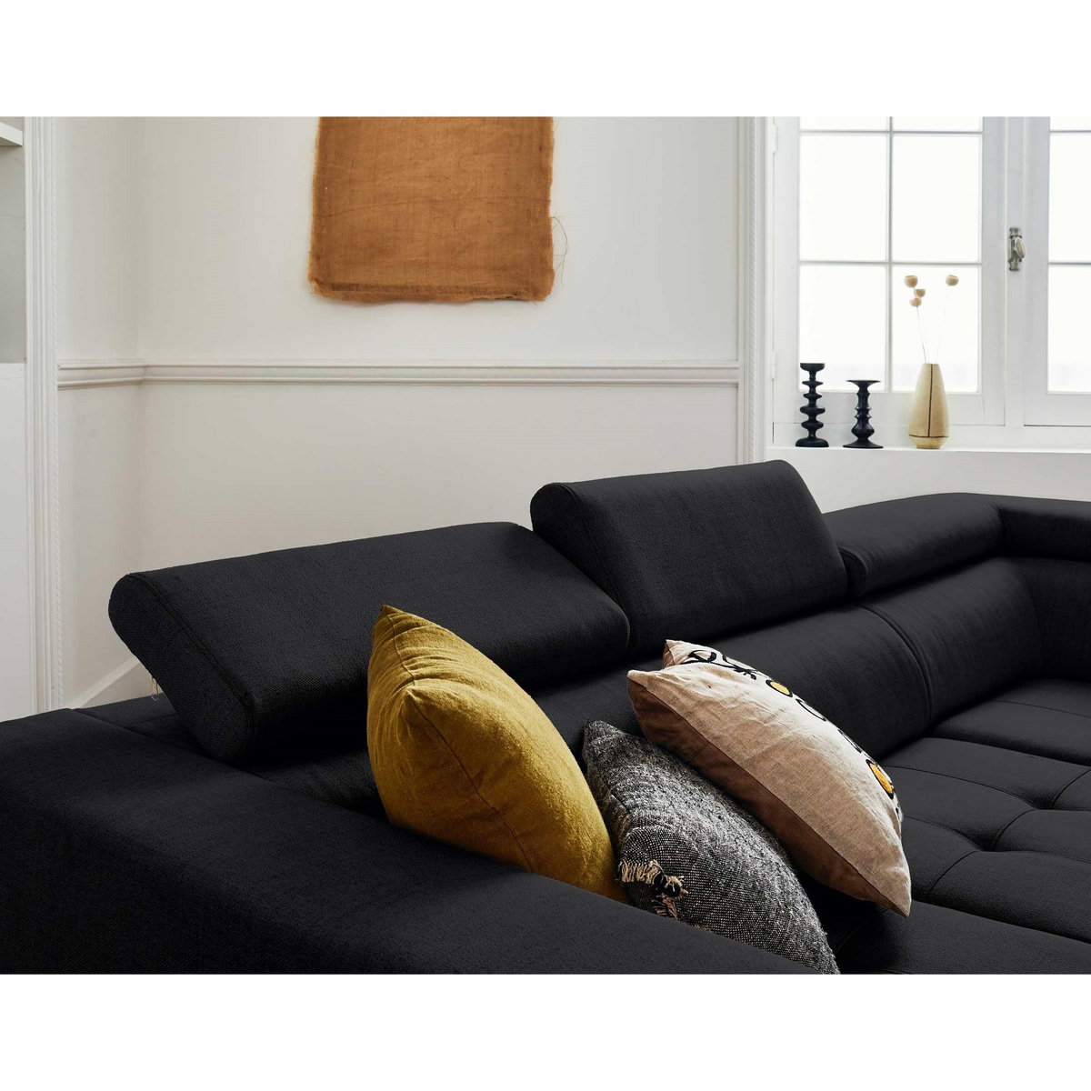 LISA DESIGN Olinda - canapé d'angle droit - 5 places - convertible avec coffre et têtières réglables - en tissu