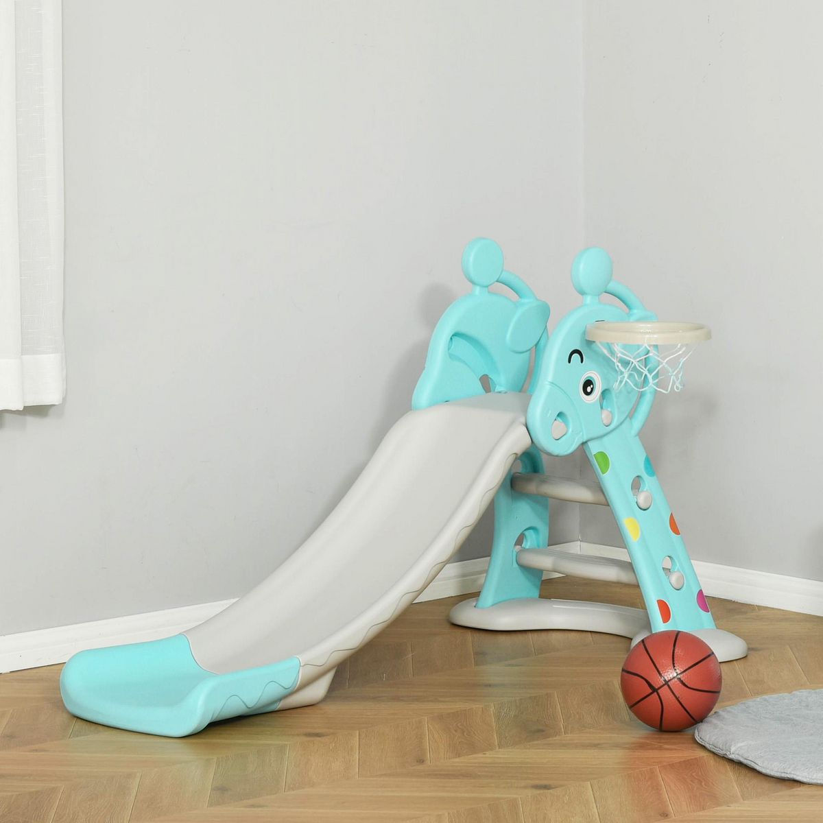 HOMCOM Toboggan enfant avec panier de basket-ball usage intérieur et extérieur dim. 140 x 87 x 75 cm bleu et gris
