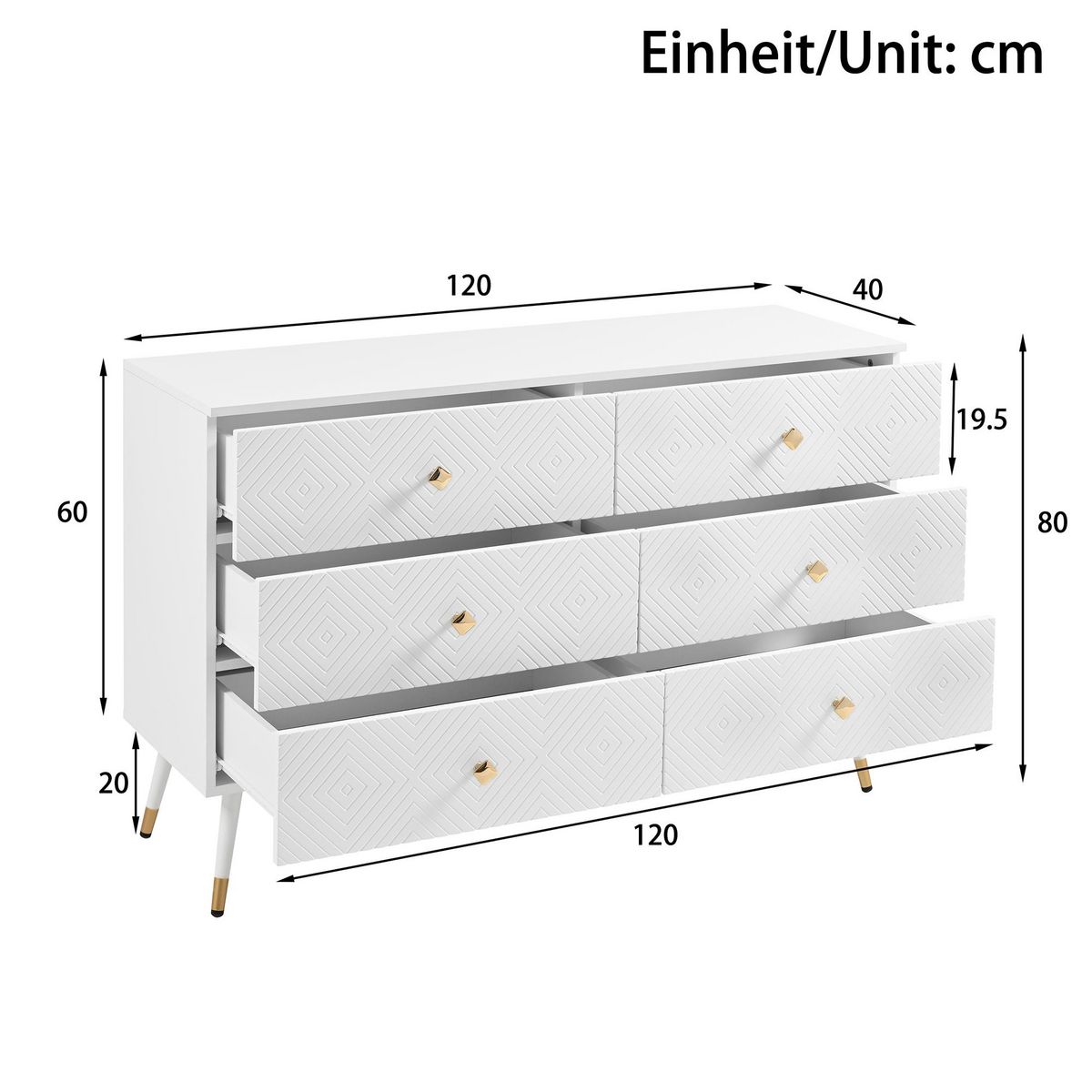 MERAX Commode 6 tiroir(s) 0 niche(s) coloris blanc largeur 120 cm panneaux de particules