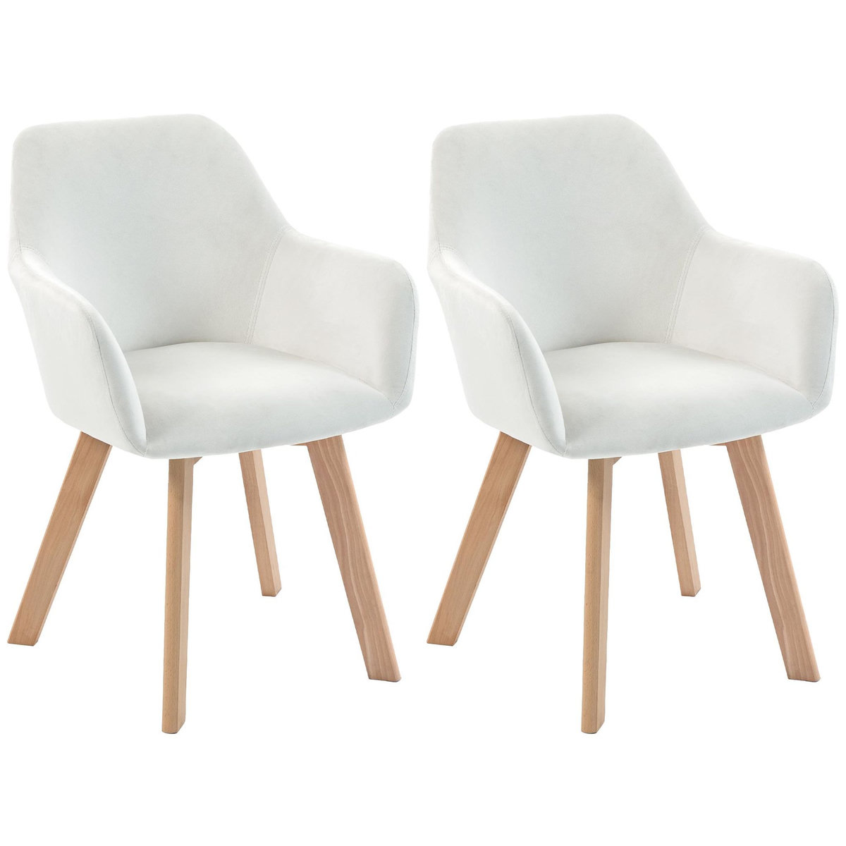 HOMCOM Chaises de visiteur design scandinave - lot de 2 chaises - pieds bois hévéa - assise dossier accoudoirs velours crème