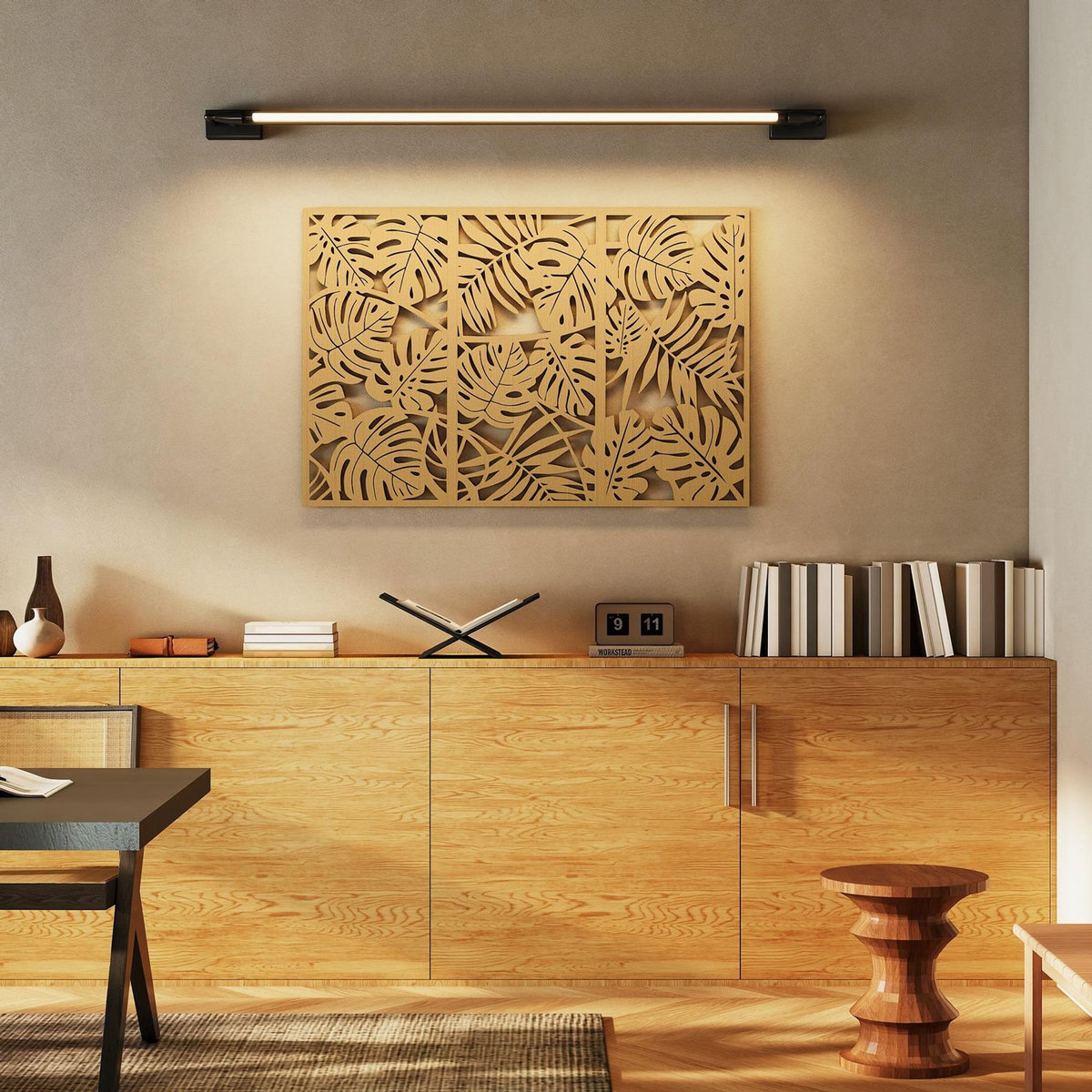 HOMCOM Déco murales feuilles exotiques - tableau triptyque - 40 x 80 cm - effet bois naturel