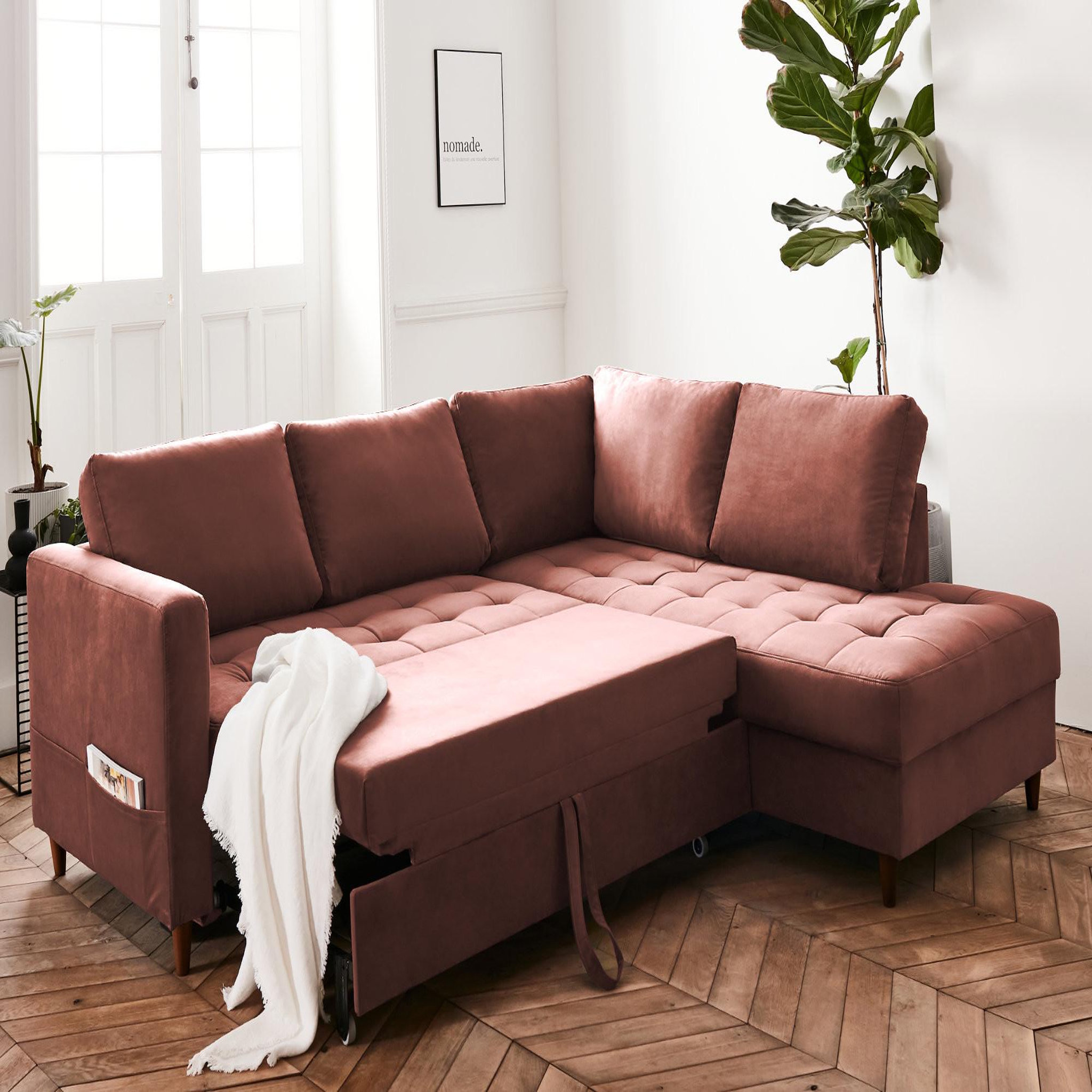 Voir la diapositive 3 : BEST MOBILIER Anna - canapé d'angle droit - 5 places - convertible - en velours