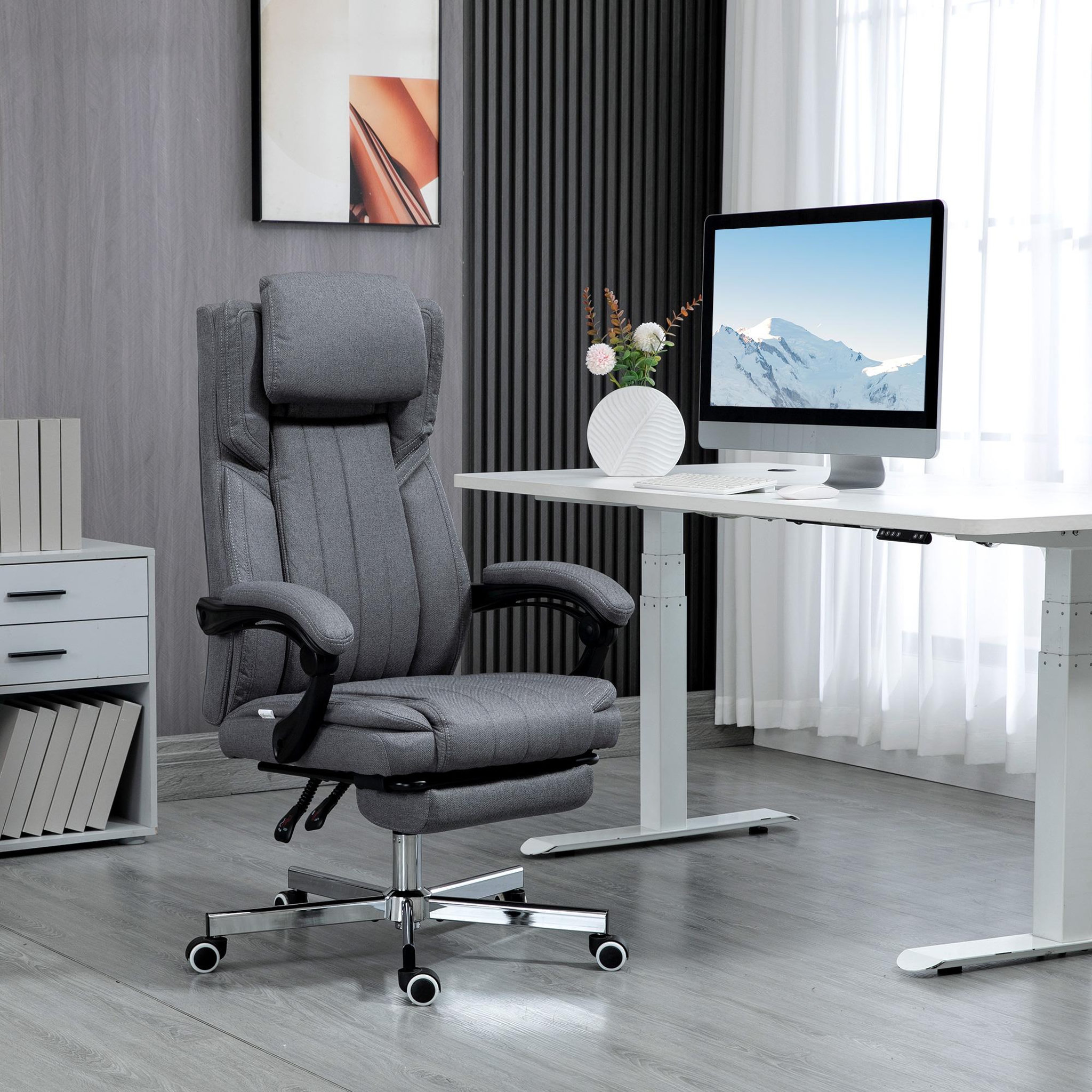 Voir la diapositive 2 : VINSETTO Fauteuil de bureau manager grand confort repose-pied dossier inclinable accoudoirs tétière rembourrés tissu gris