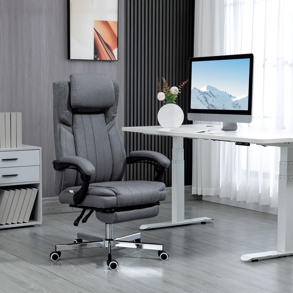 VINSETTO Fauteuil de bureau manager grand confort repose-pied dossier inclinable accoudoirs tétière rembourrés tissu gris