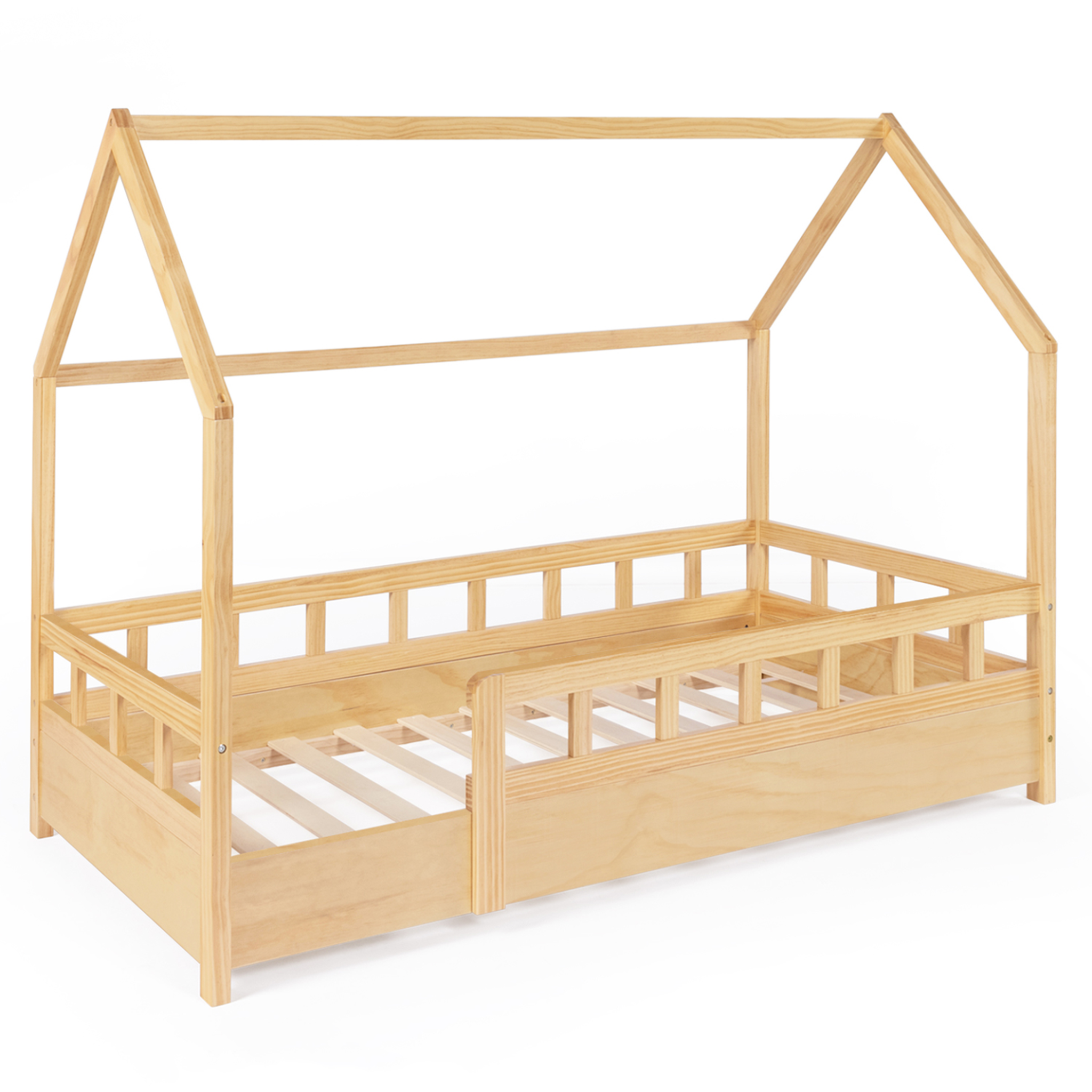 ID MARKET Lit cabane enfant 80 x 160 cm neree bois avec sommier et barrières