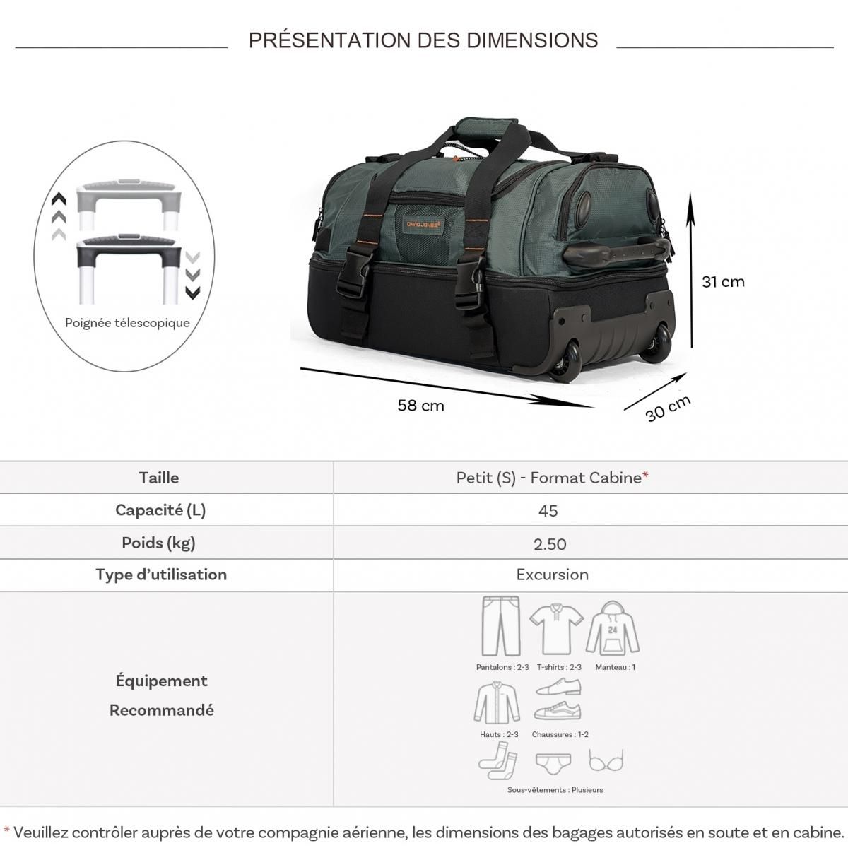 David Jones Sac de voyage cabine à roulettes 45L double compartiment 58cm