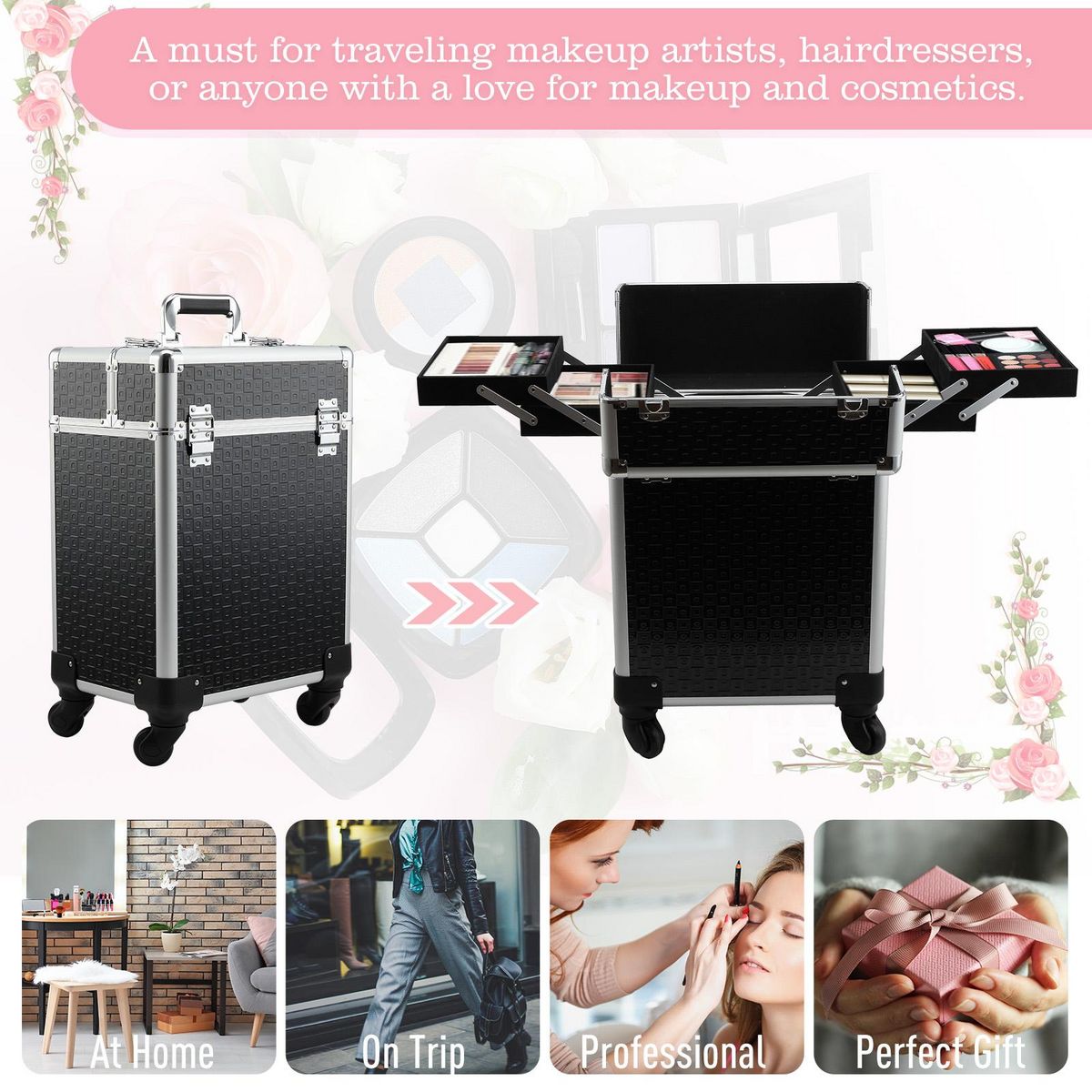 HOMCOM Valise trolley maquillage mallette cosmétique vanity poignée télescopique réglable 34L x 24l x 52H cm alu. noir