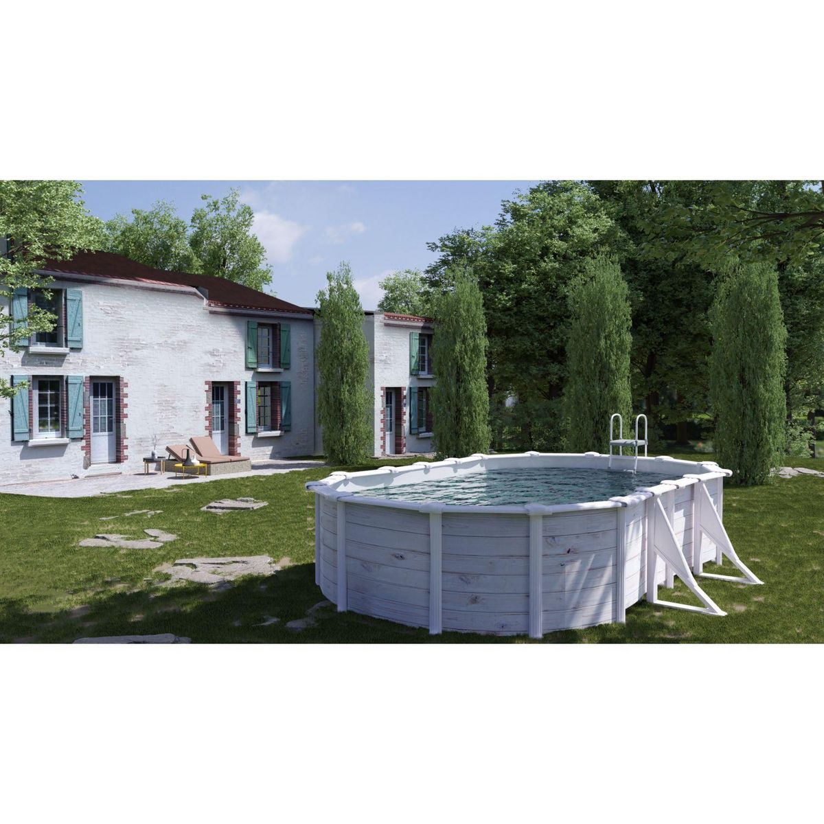 GRE Piscine hors solovale acier 6,34m x 3,99m x H 1,22m - Imitation bois Nordique Filtration à sable Renfort apparents