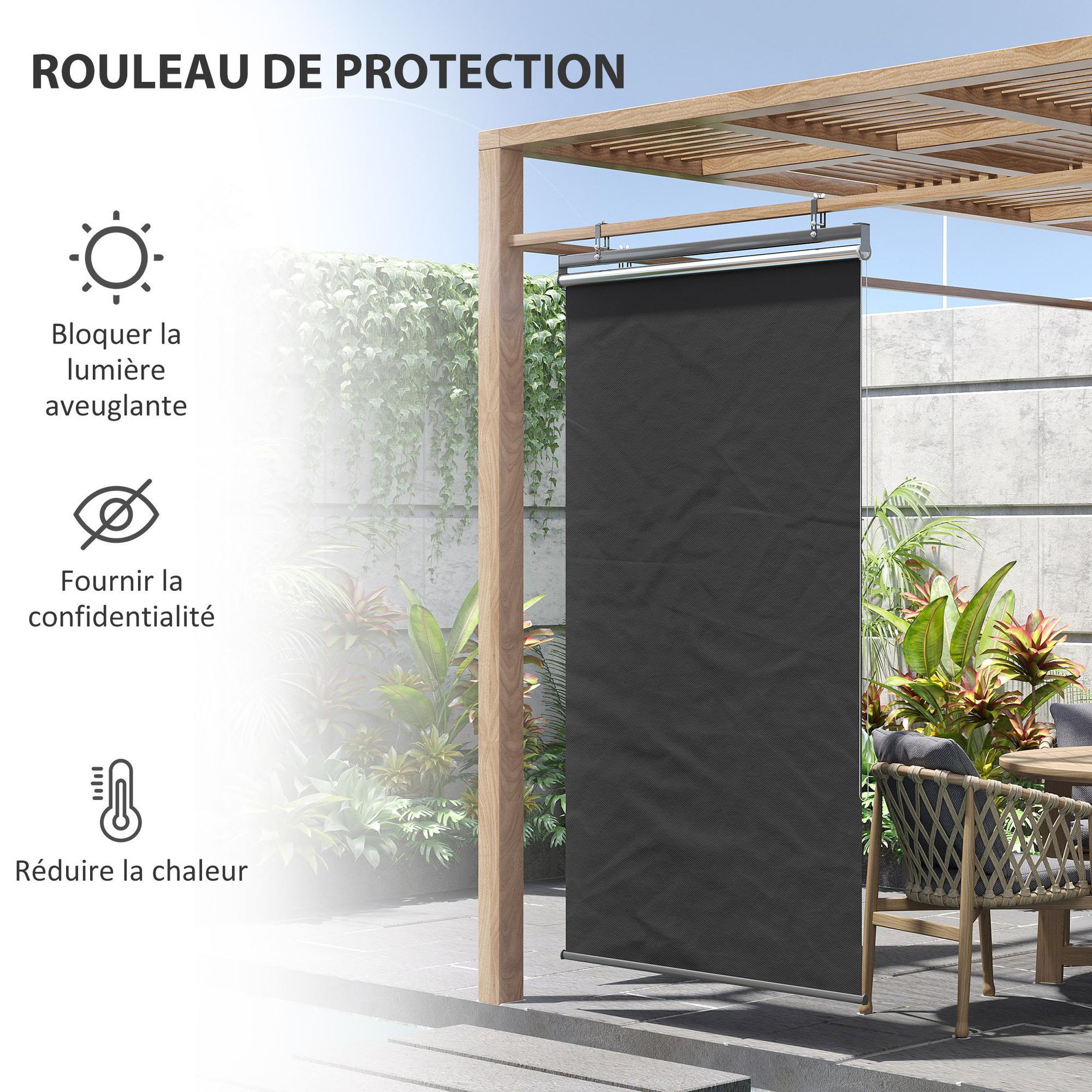 Voir la diapositive 4 : OUTSUNNY Store extérieur vertical store manuel rétractable dim. 124L x 5l x 222H cm installation sans perçage alu. acier polyester gris